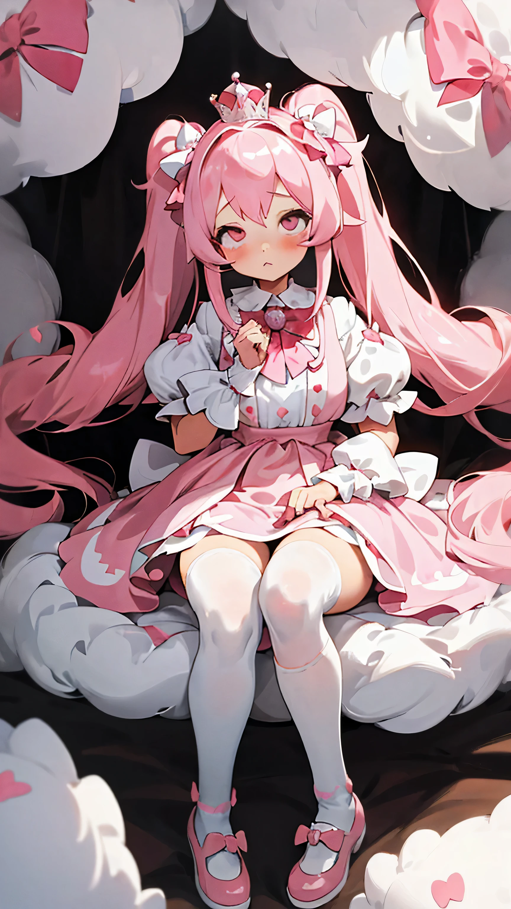 (masterpiece, best quality)，1 very large，Body plumpness，Wearing cute white over-the-knee socks，Wearing cute pink princess shoes， girl with pink hair kneels on a large fluffy bed covered with white sheets，Hair tied into cute twintails，hair is very long，Hair falls from head to the ground，warm light，Shy eyes，Wearing a cute and exquisite oversized pink princess dress，The chest is decorated with a cute big red bow