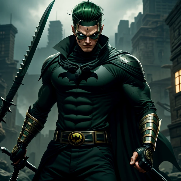 An incredibly detailed portrayal of Zoro from One Piece donning the iconic Batman suit, complete with a sleek, dark green armor. The depiction captures Zoro in an ultra-realistic fashion, showcasing his muscular physique and unwavering determination. The intricate design of the armor highlights every intricate detail, from the intricate stitching to the sharp edges, giving it a sense of both power and sophistication. This masterpiece radiates an aura of strength and intensity, truly embodying Zoro's indomitable spirit.