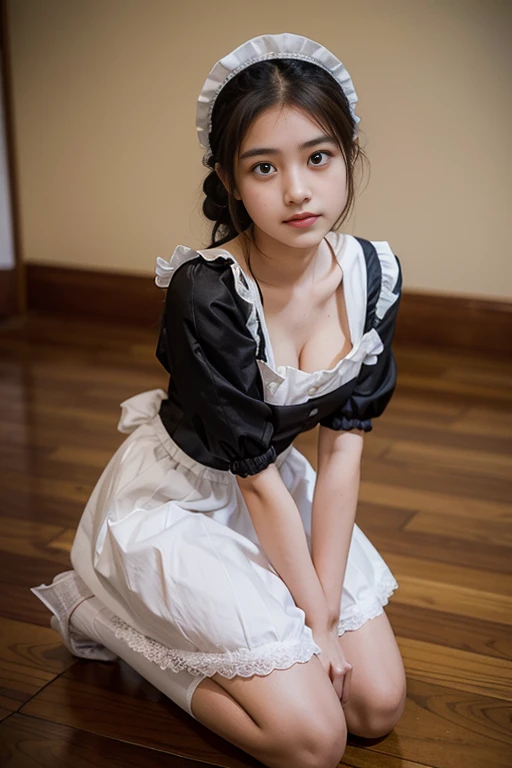 An 18-year-old girl dressed as a maid kneeled in front of me，vague expression, faint smile, Lovely