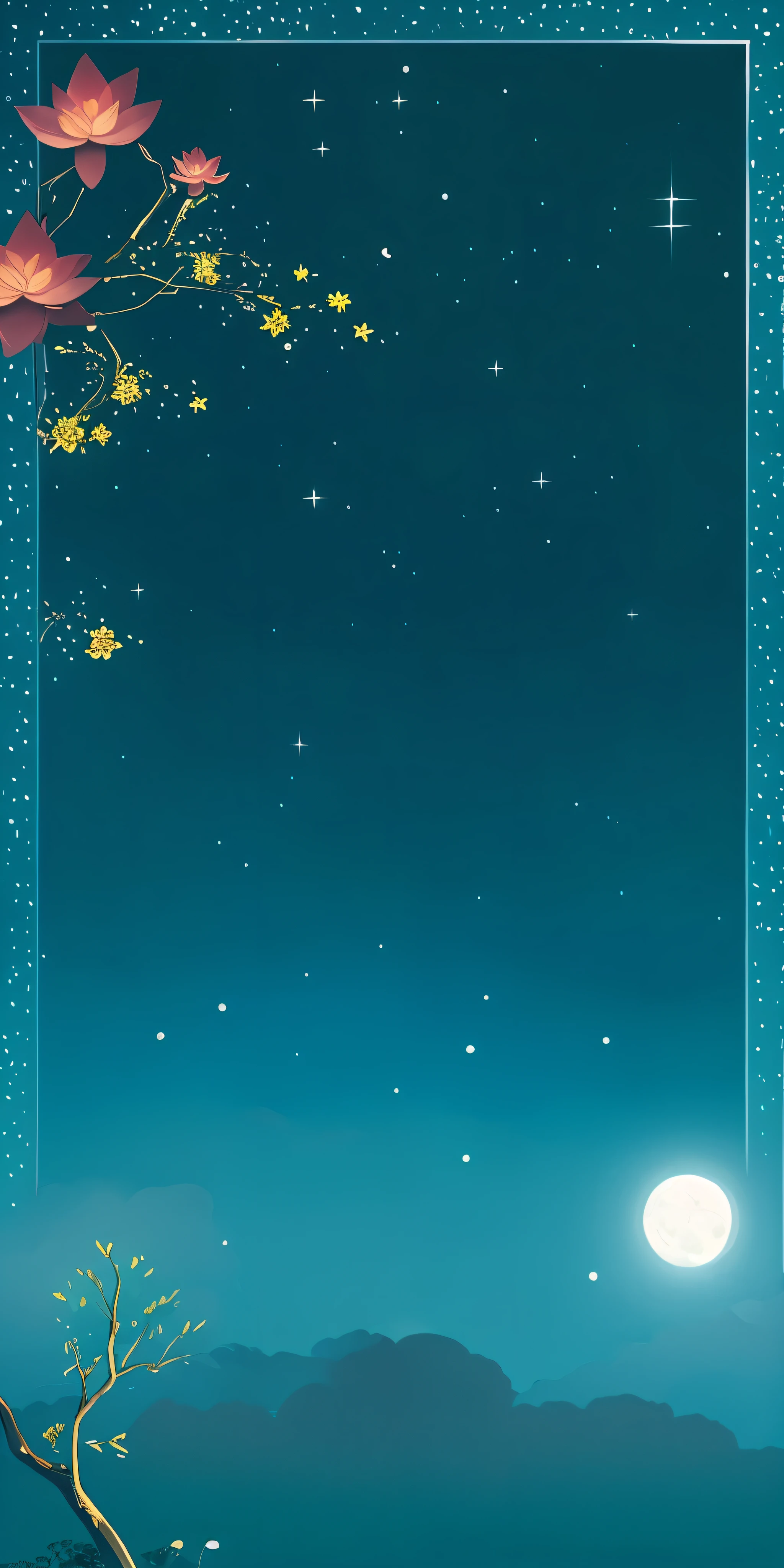A starry night with a full moon and a tree full of lotus flowers, moonlight background, Fairy tale style background, Starry sky environment under moonlight, night background, Moonlight night dreamy atmosphere, magical background, moonlight background, anime background art, Dream Night, background artwork, anime background, poster background, calm night. digital illustration, Moonlight night, night under the stars