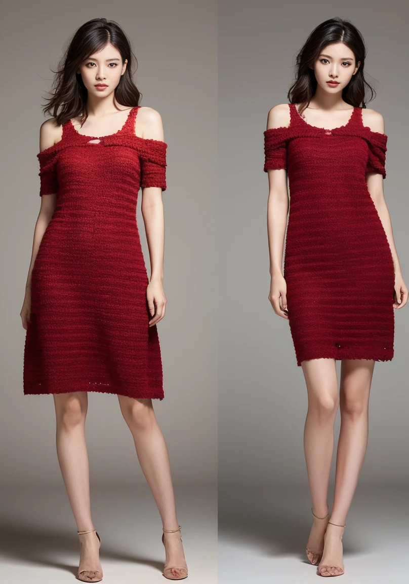 Red knit dress、A woman with the same face as last time(misaki),4K、1people's women、slender、 Loose wavy styling 、seductive and attractive、full body shot,Including face and skin texture,detailed eyes、a seductive look