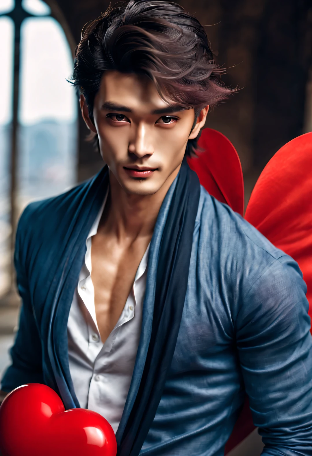 （male character design），（Very unified CG design），（whole body），（Chinese super handsome guy Pan An holds a red heart in his hand），（very long, Messy shawl hair：1.1）（Pan An wears blue jeans, modern and fashionable：0.8），（Toned muscles），（Fresh and toned abs），（Pan An’s skin is fair and flawless）Delicious food with red lips and white teeth，The bridge of his nose is high and straight，double eyelids, bright eyes, Clear, bright, big eyes），long eyelashes，gentle melancholy，He has a tall stature、Fit in size，Exquisite facial features，sad prince，Kingly style，Noble temperament，Inspired by actress Audrey Hepburn