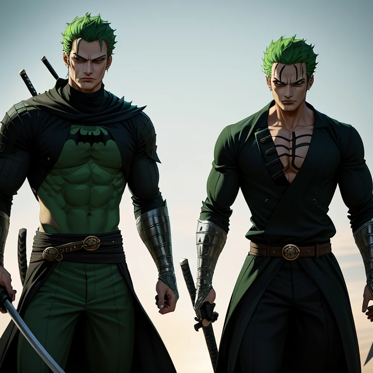 An incredibly detailed portrayal of Zoro from One Piece donning the iconic Batman suit, complete with a sleek, dark green armor. The depiction captures Zoro in an ultra-realistic fashion, showcasing his muscular physique and unwavering determination. The intricate design of the armor highlights every intricate detail, from the intricate stitching to the sharp edges, giving it a sense of both power and sophistication. This masterpiece radiates an aura of strength and intensity, truly embodying Zoro's indomitable spirit.