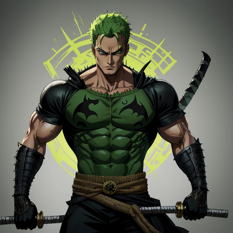 An incredibly detailed portrayal of Zoro from One Piece donning the iconic Batman suit, complete with a sleek, dark green armor. The depiction captures Zoro in an ultra-realistic fashion, showcasing his muscular physique and unwavering determination. The intricate design of the armor highlights every intricate detail, from the intricate stitching to the sharp edges, giving it a sense of both power and sophistication. This masterpiece radiates an aura of strength and intensity, truly embodying Zoro's indomitable spirit.