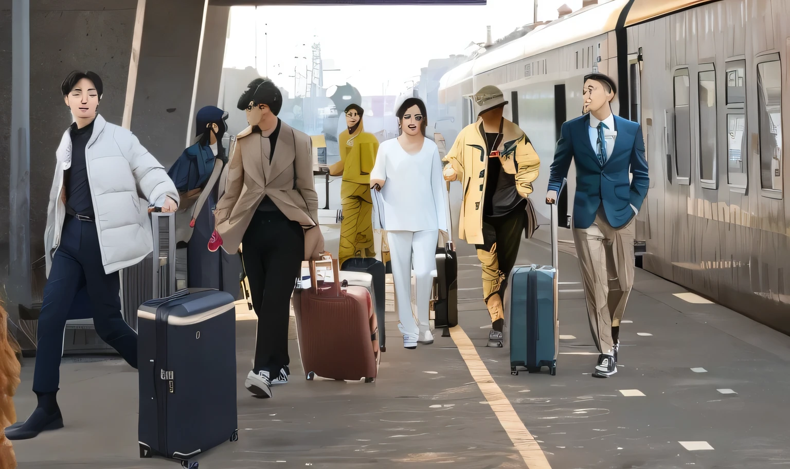 people are walking with Luggage near a train station, with many touristss, travel clothes, touristss, touristss walking the streets, People fled, Wanderers from afar, touristss, tourists, supersonic trains and passengers, 🕹️ 😎 🔫 🤖 🚬, Luggage, platform, time touristss, tourists, parody, case, platforms, advanced, bts, mixed art