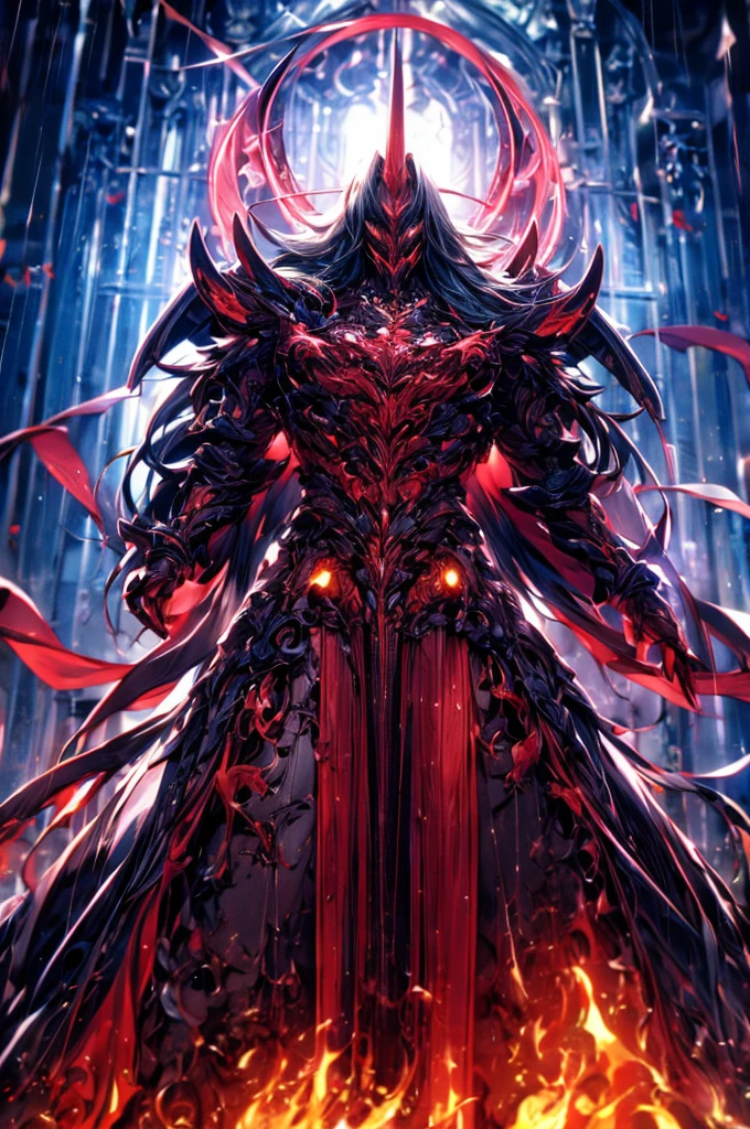 Perfect masterpiece, (Masterpiece:1.2), Best quality, high resolution, Beautiful detailed, Extremely detailed, Perfect lighting, high quality, high resolution, highest image quality, 8k hd. 
1guy. 
blood red and blue hair, Faceless, yellow eyes, glowing eyes, demon horns, long horns. 
Elegant. 
blood red and black uniform, battle armor, heavy metal, Energy lines, masks.
Night, flames on the background, dark clouds, thunderstorm, heavy rain. 
Dramatic lighting.
Highly detailed background.
