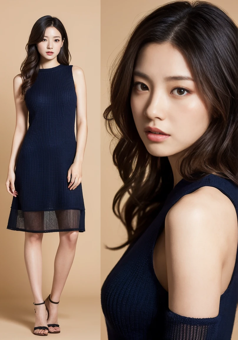 Blue knit dress、A woman with the same face as last time(misaki)，４Ｋ、１people&#39;s women、slender、 Loose wavy styling 、seductive and attractive、full body shot,Including face and skin texture，detailed eyes、a seductive look