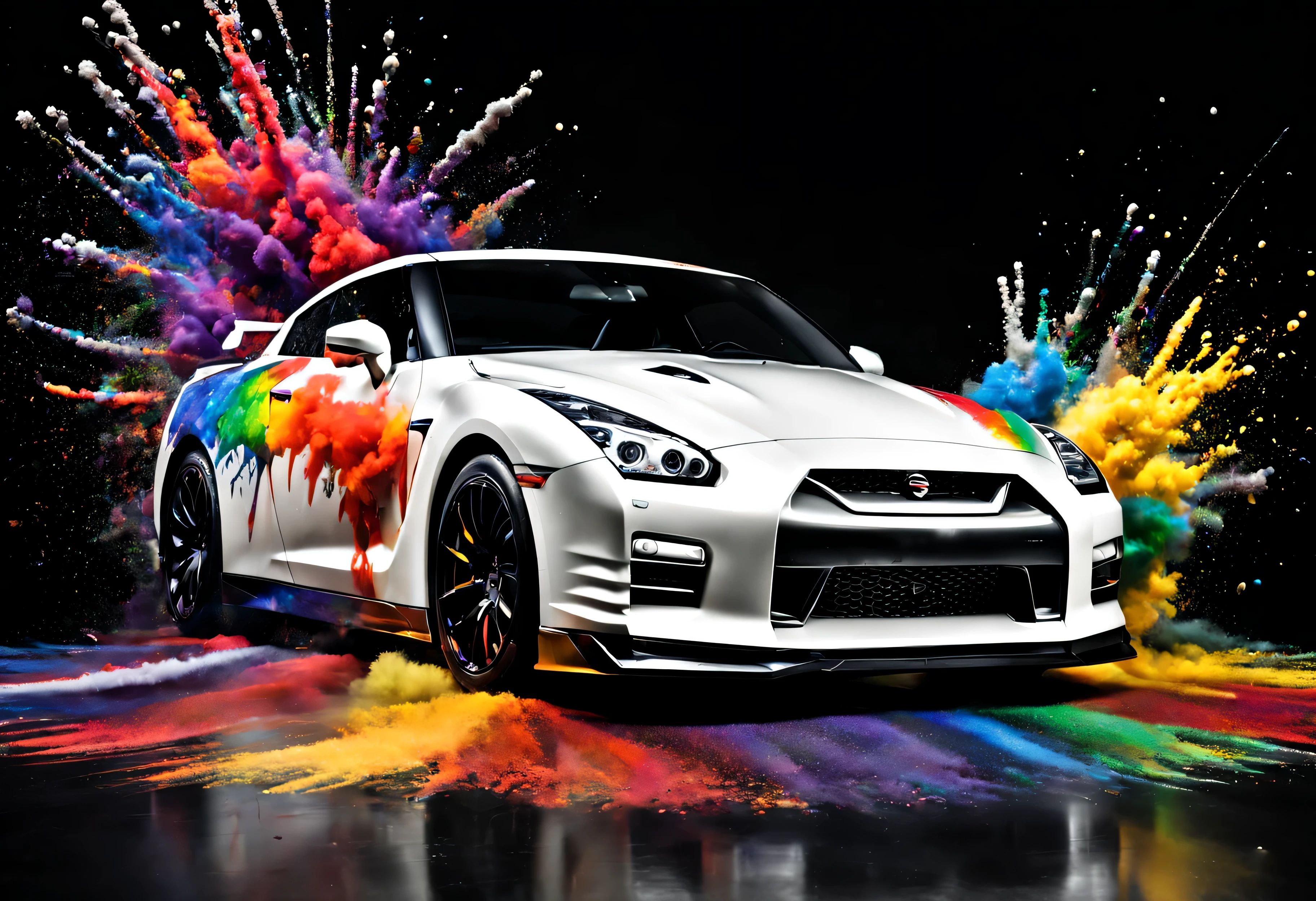 Nissan GTR R35, blanche, multicolored paint explosions in the background, photo studio fond noir