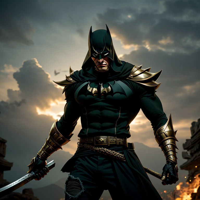 An incredibly detailed portrayal of Zoro from One Piece donning the iconic Batman suit, complete with a sleek, dark gold armor. The depiction captures Zoro in an ultra-realistic fashion, showcasing his muscular physique and unwavering determination. The intricate design of the armor highlights every intricate detail, from the intricate stitching to the sharp edges, giving it a sense of both power and sophistication. This masterpiece radiates an aura of strength and intensity, truly embodying Zoro's indomitable spirit.