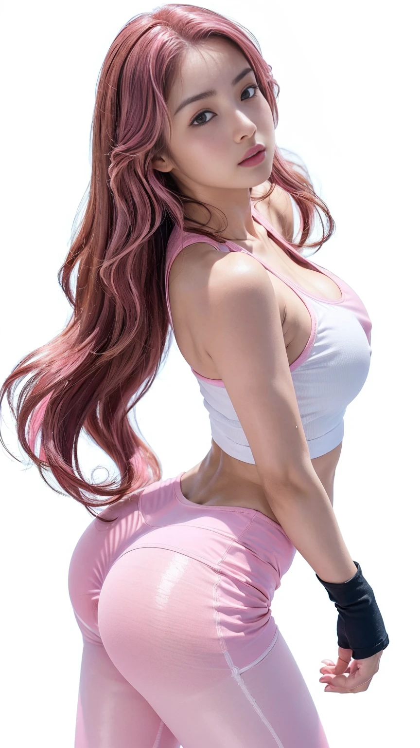(tight white tank top:1.4), ((no sleeve, bare shoulders):1.3), (tight pink leggings:1.4), (plump thighs:1.1), (ass visible through thighs:1.5), see-through, girl posing,(Camel toes:1.3), (white background:1.3),BREAK ,  1 girl, solo, show skin, cleavage ,extremely beautiful lady hands on hips,(looking up at viewer:1.2), (bird's-eye view:1.2), busty, nipples, intricate details, athletic and fit body, naughty, slutty, perfect hands, detailed hands, perfect eyes, detailed eyes,(serious:1.1),(gyaru:1.2), (tanned skin:1.5), (dynamic pose) ,(long  hot pink  hair:1.6),(wind:1.45), realistic, HDR, UHD, dynamic,(colorful) , blooming light effect, nsfw,
