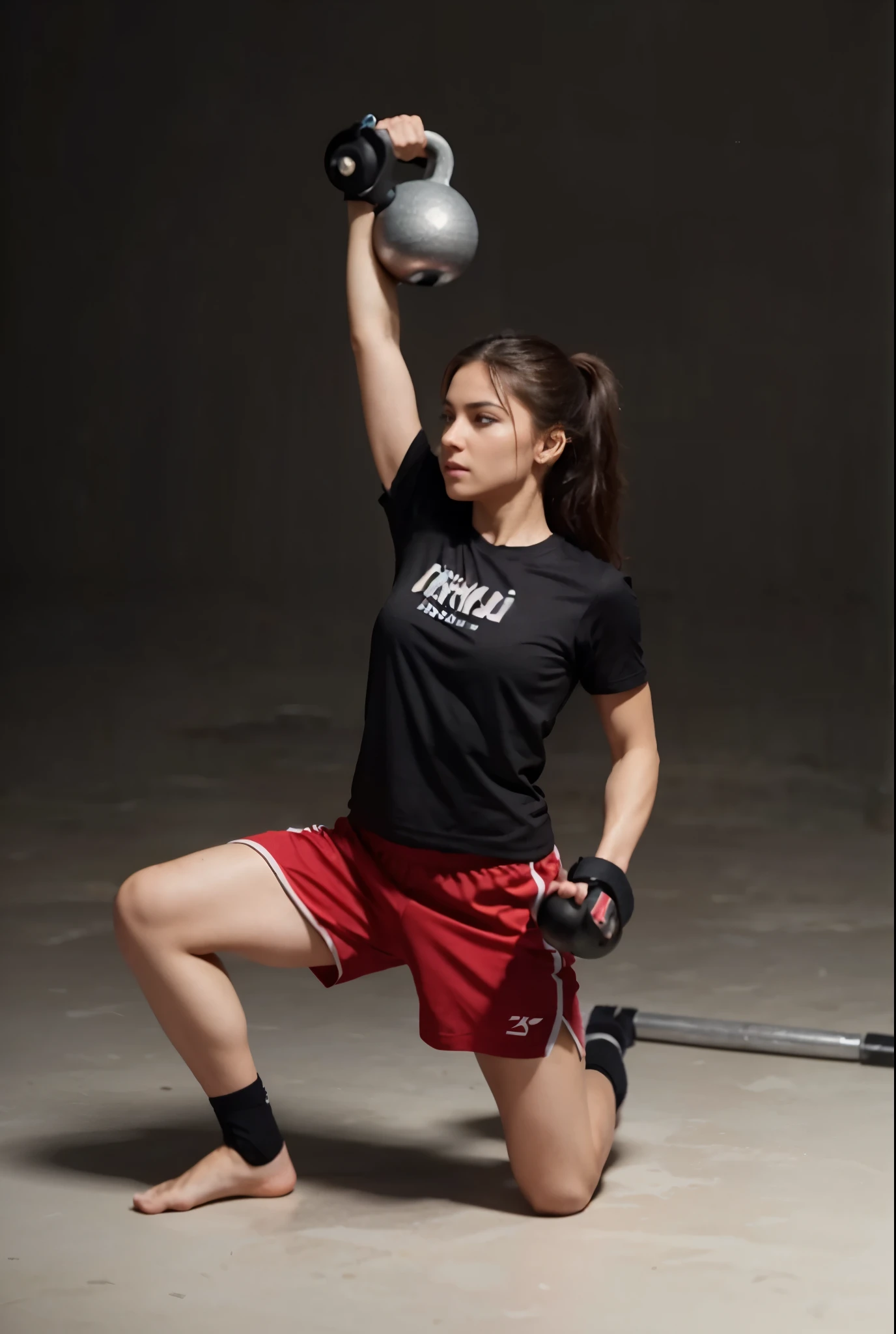 Generate an image of a realistic beautiful woman flawlessly executing the Kettlebell Turkish Get-Up, emphasizing the chest-up posture with focused eyes looking forward. Ensure her ribcage is pulled up, highlighting the importance of this step for a comprehensive core workout. Include the gym setting and label it as "Turkish Get-Up - Step No - 5" for clarity. realistic, photorealistic, 4k