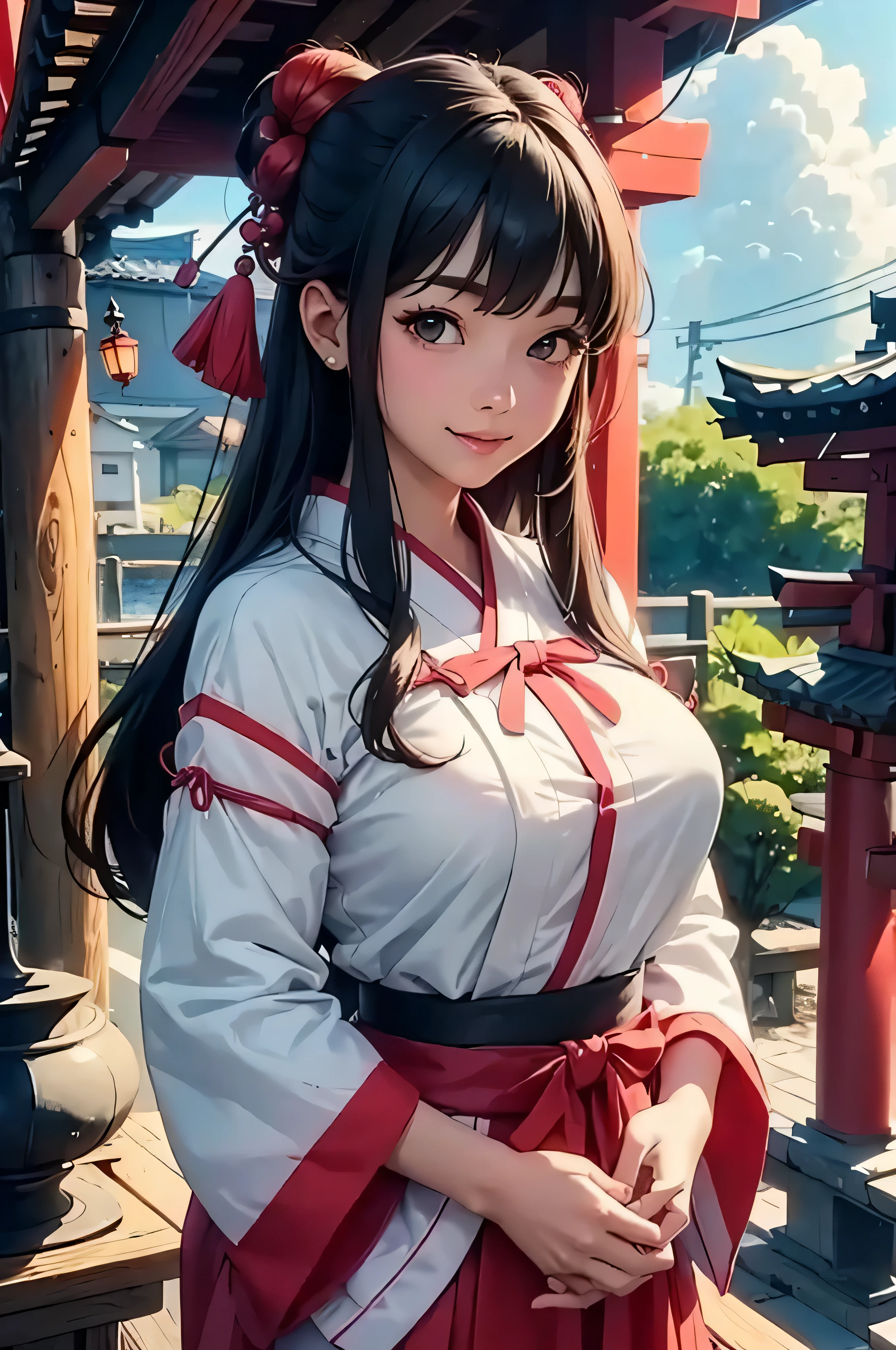 (((RAW image quality:1.4))), highest quality、pieces fly、(Japanese beauty、shrine maiden、25 years old、Beautiful woman:1.5、cute:2、beautiful、G cup)、(cloudy、big、torii)、(smile、slightly red cheeks)、shrine, real , (3D CG),