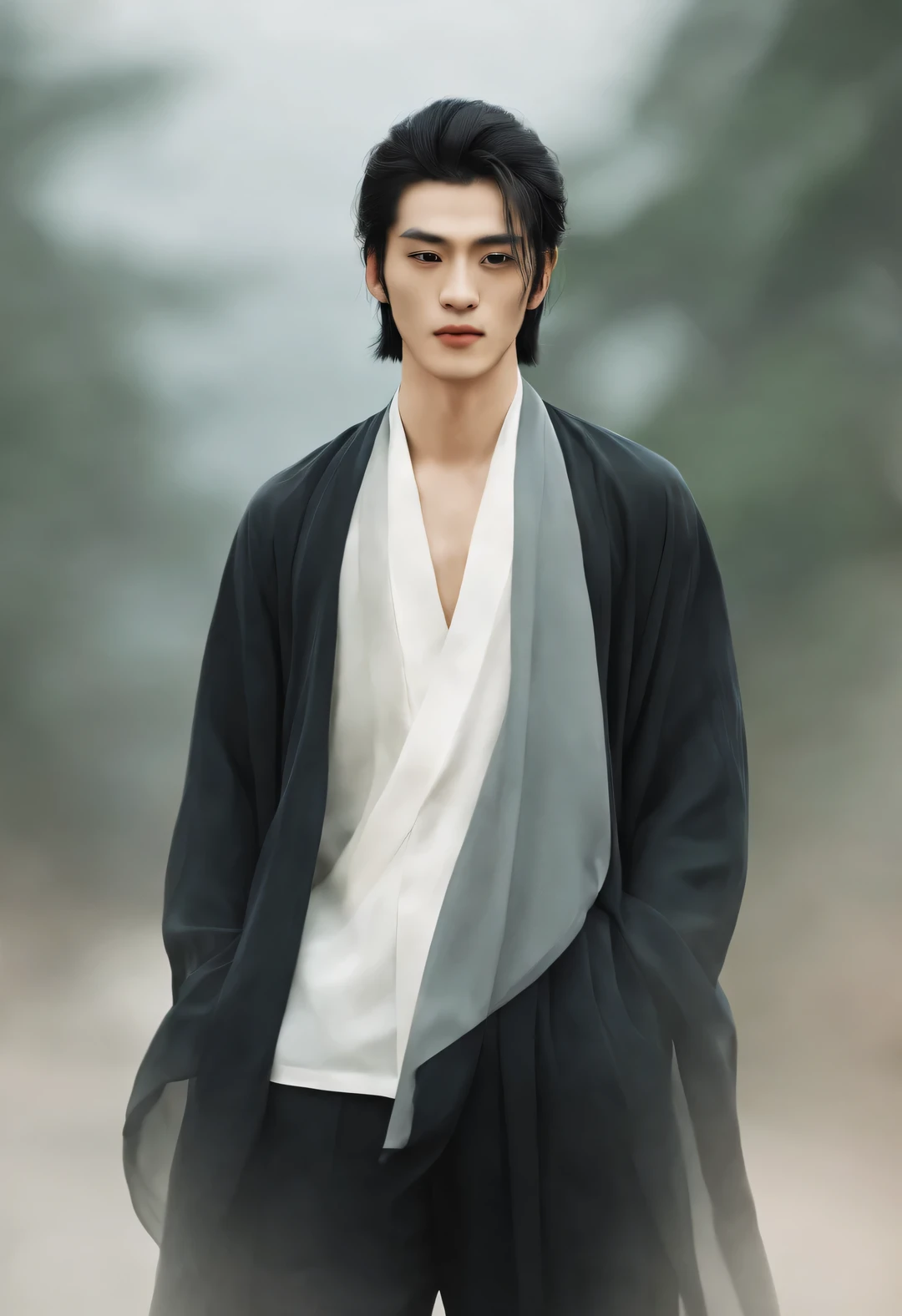 （male character design），（Half-length close-up），（Close-up of front view of melancholy handsome Chinese man Pan An），（Pan An wears modern and fashionable men&#39;s clothing&#39;S suit pants），（Pan An’s skin is fair and flawless），The bridge of his nose is high and straight，（Very long, long, long, Messy shawl hair：1.1），（Double eyelids, bright eyes, clear and bright big eyes），sad prince，Delicious food with red lips and white teeth，gentle melancholy，Pan An is tall and tall.，He has a strong physique，Toned muscles，Fresh and toned abs, His exquisite facial features，Kingly style，Noble temperament，Inspired by Chinese actor Hu Ge，black and white，Chinese ink painting，black and white插画，Surrealism，HD，