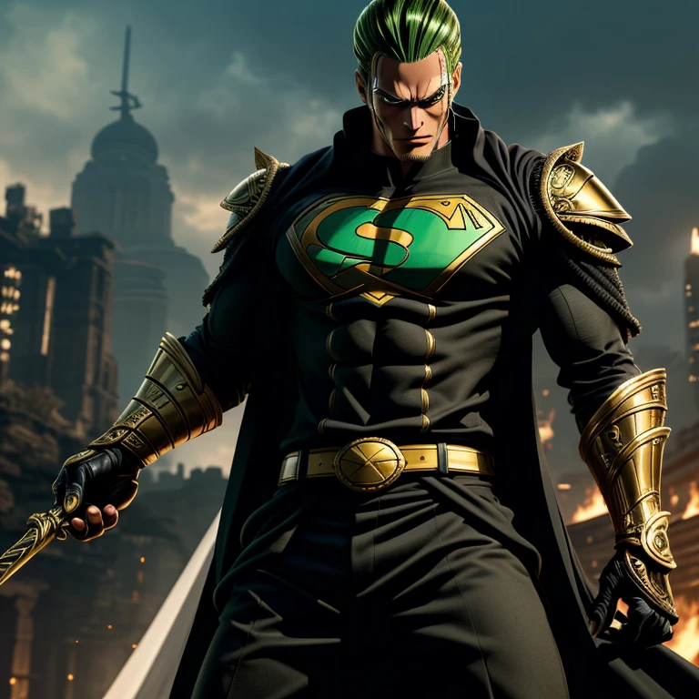 An incredibly detailed portrayal of Zoro from One Piece donning the iconic Superman suit, complete with a sleek, dark gold armor. The depiction captures Zoro in an ultra-realistic fashion, showcasing his muscular physique and unwavering determination. The intricate design of the armor highlights every intricate detail, from the intricate stitching to the sharp edges, giving it a sense of both power and sophistication. This masterpiece radiates an aura of strength and intensity, truly embodying Zoro's indomitable spirit.