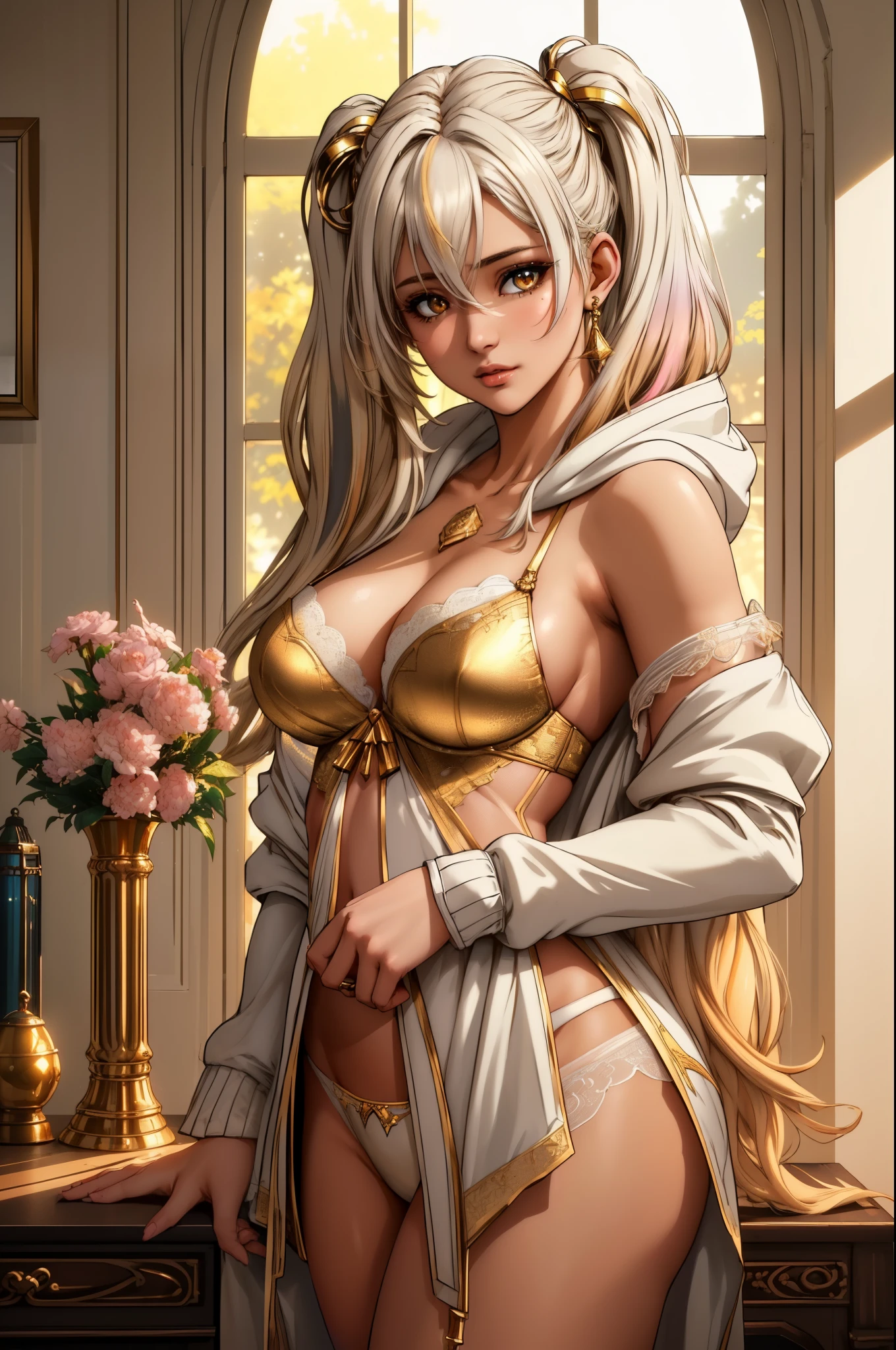 1girl white hair, long pig tails, happy, white hoodie, white panties, RAW photos，4K，tmasterpiece，A high resolution，extremly intricate）（realisticlying：1.4），(cinematic lighting Delicate girl with facial featureull bodyesbian：2) || ((Best quality)), ((masterpiece)), (detailed:1.3), 3D ,HDR (High Dynamic Range),cinematic shot, dramatic lighting emphasizing shadows, texture-rich details,, exceptional sharpness, clarity, and color reproduction, optical excellence, utmost in image resolution and quality, 1girl in a abstract shiny gray and gold and cream and tan lingerie,  (sombre balayaga,ombre,bronde,multicolor hair,highlights:1.2)