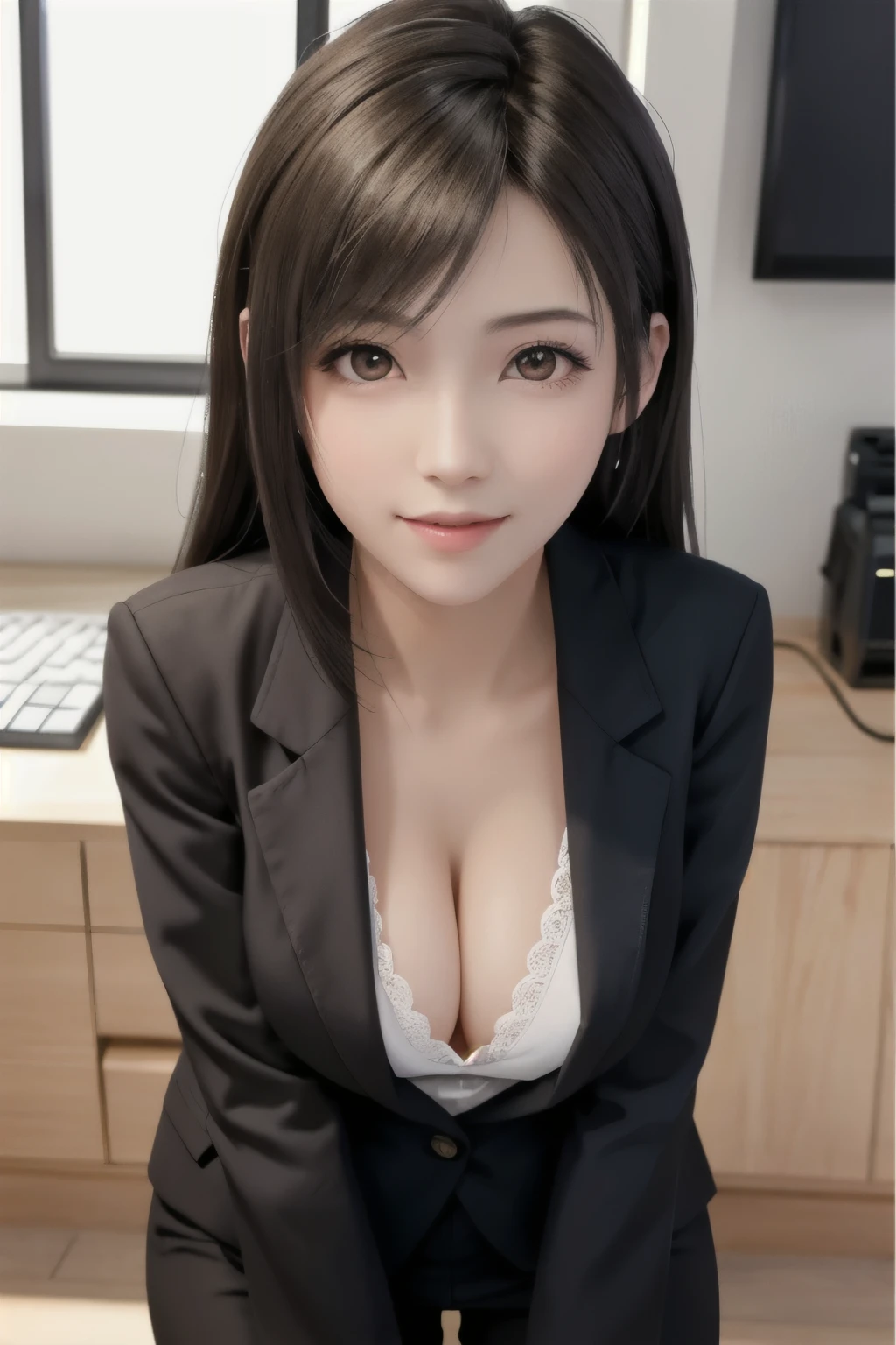 (top quality, masutepiece: 1.1), (Realistic: 1.3), BREAK (((FF7,Tifa_lockhart))),(solo,Tifa:1.2),(japanese ,gray tailored jacket,gray tailored pant,office suit:1.3) ,(office, indoor,coffee),(strong will,sexy pose:1.1),Ultra-detailed face, Detailed eyes,Red eyes, BREAK (((FF7,Tifa_lockhart))),(light brown hair, Large breasts: 1.2), BREAK (Small and beautiful hard nipple)  About 18 years old,kawaii,smile,face focus:1.5,making like she wants to kiss you,shy