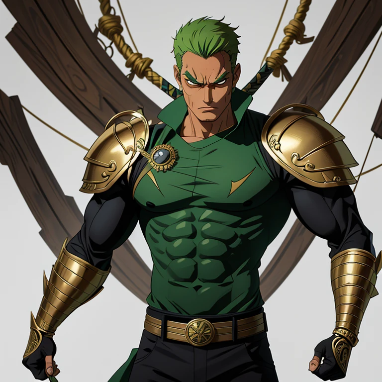 An incredibly detailed portrayal of Zoro from One Piece donning the iconic Superman suit, complete with a sleek, dark gold armor. The depiction captures Zoro in an ultra-realistic fashion, showcasing his muscular physique and unwavering determination. The intricate design of the armor highlights every intricate detail, from the intricate stitching to the sharp edges, giving it a sense of both power and sophistication. This masterpiece radiates an aura of strength and intensity, truly embodying Zoro's indomitable spirit.