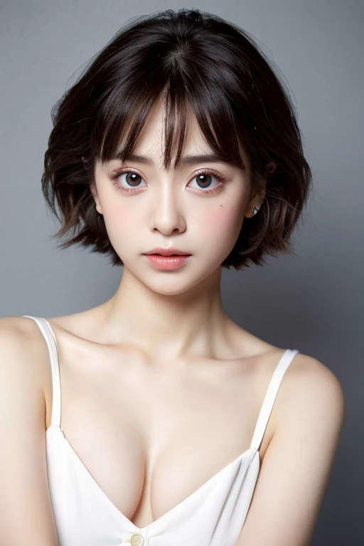((highest quality)), ((masterpiece)), (be familiar with), perfect face,Asian，short hair、exposed chest，Big eyes，skin texture，Shy eyes，white skin，Hair on the ears
