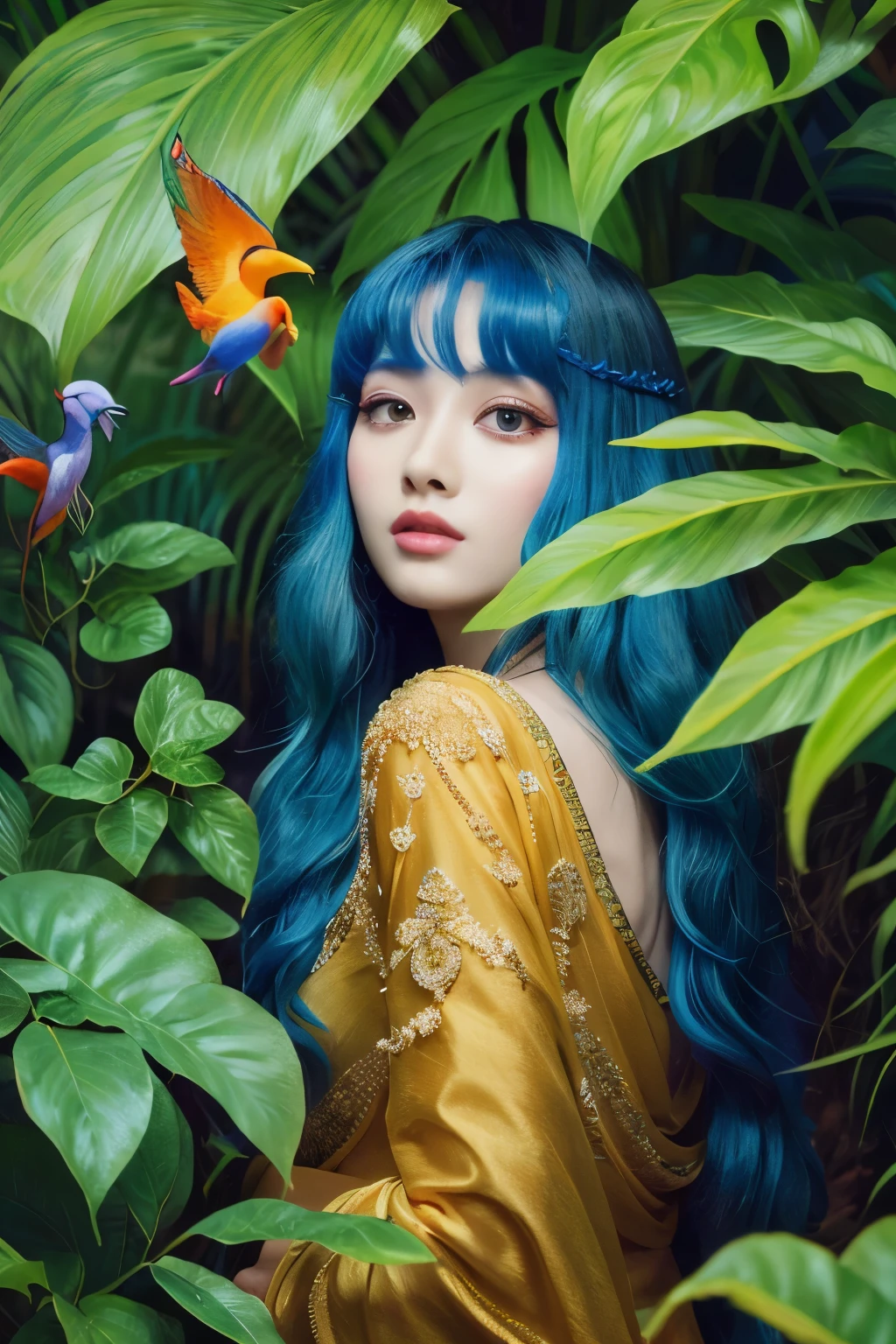 fashion photography portrait of indian girl with blue hair,a painting of a group of girls in a tropical forest, colourful jungle, background artwork, fantasy jungle, tropical birds, mysterious jungle painting, art nouveau jungle environment, detailed painting 4 k, tropical jungle, 4 k highly detailed art, magical jungle, jungle nature, magical forest backround, psychedelic forest, tropical mood, 4 k hd illustrative wallpaper