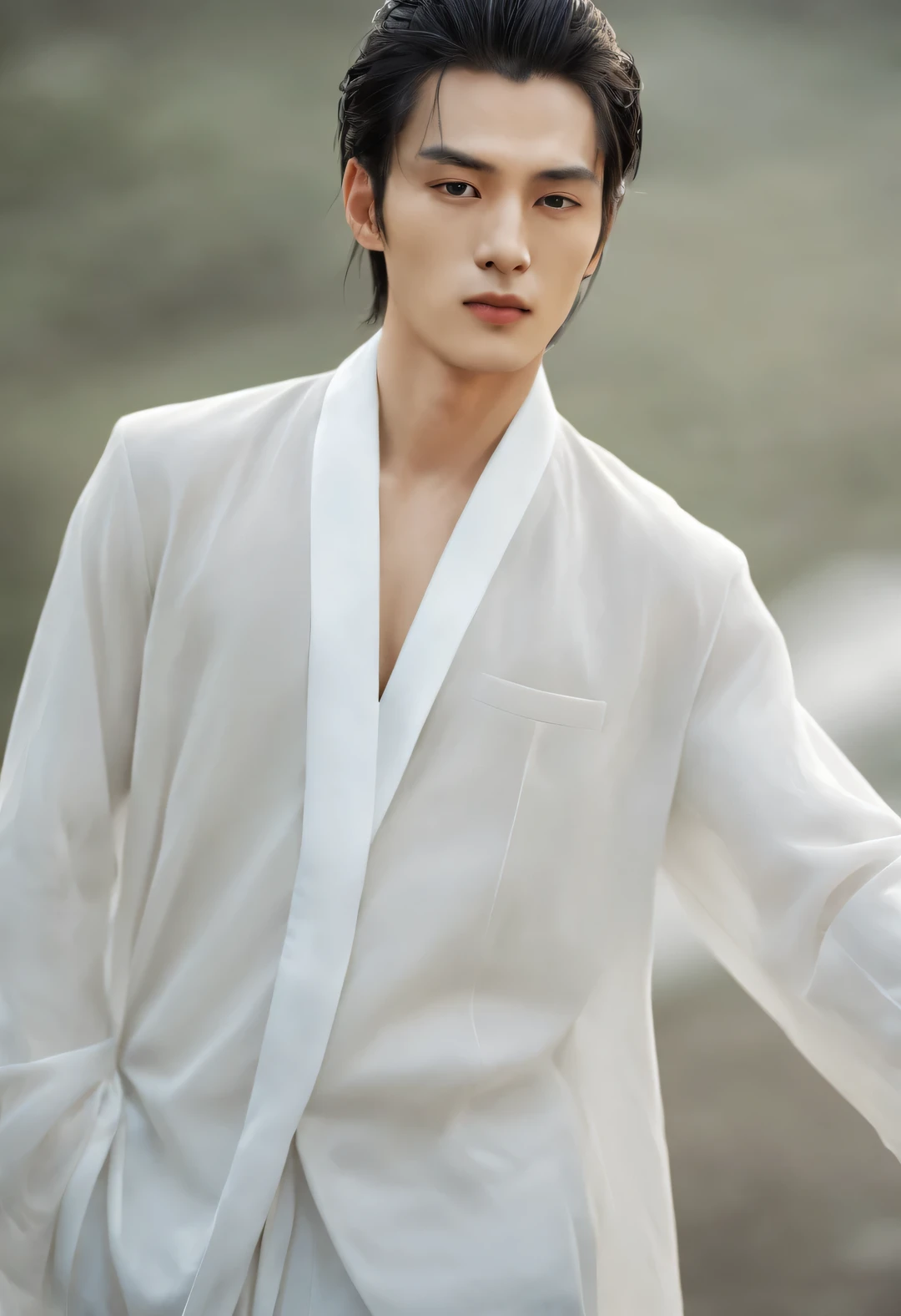 （male character design），（Half-length close-up），（Close-up of front view of melancholy handsome Chinese man Pan An），（Pan An wears modern fashionable white suit pants），（Pan An’s skin is fair and flawless），The bridge of his nose is high and straight，（Very long, long, long, Messy shawl hair：1.1），（Double eyelids, bright eyes, clear and bright big eyes），sad prince，Delicious food with red lips and white teeth，gentle melancholy，Pan An is tall and tall.，He has a strong physique，Toned muscles，Fresh and toned abs, His exquisite facial features，Kingly style，Noble temperament，Inspired by Chinese actor Hu Ge，black and white，Chinese ink painting，black and white插画，Surrealism，HD，