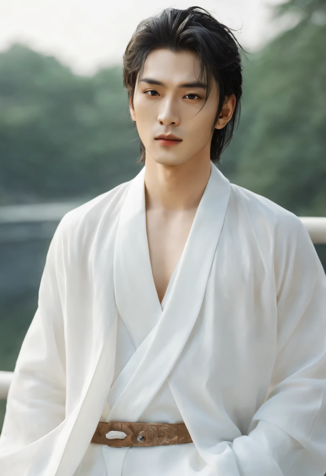 (male character design),(Half-length close-up),(Close-up of front view of melancholy handsome Chinese man Pan An),(Pan An wears modern fashionable white suit pants),(Pan An’s skin is fair and flawless),The bridge of his nose is high and straight,(Very long, long, long, Messy shawl hair:1.1),(Double eyelids, bright eyes, clear and bright big eyes),sad prince,Delicious food with red lips and white teeth,gentle melancholy,Pan An is tall and tall.,He has a strong physique,Toned muscles,Fresh and toned abs, His exquisite facial features,Kingly style,Noble temperament,Inspired by Chinese actor Hu Ge,black and white,Chinese ink painting,black and white插画,Surrealism,HD,