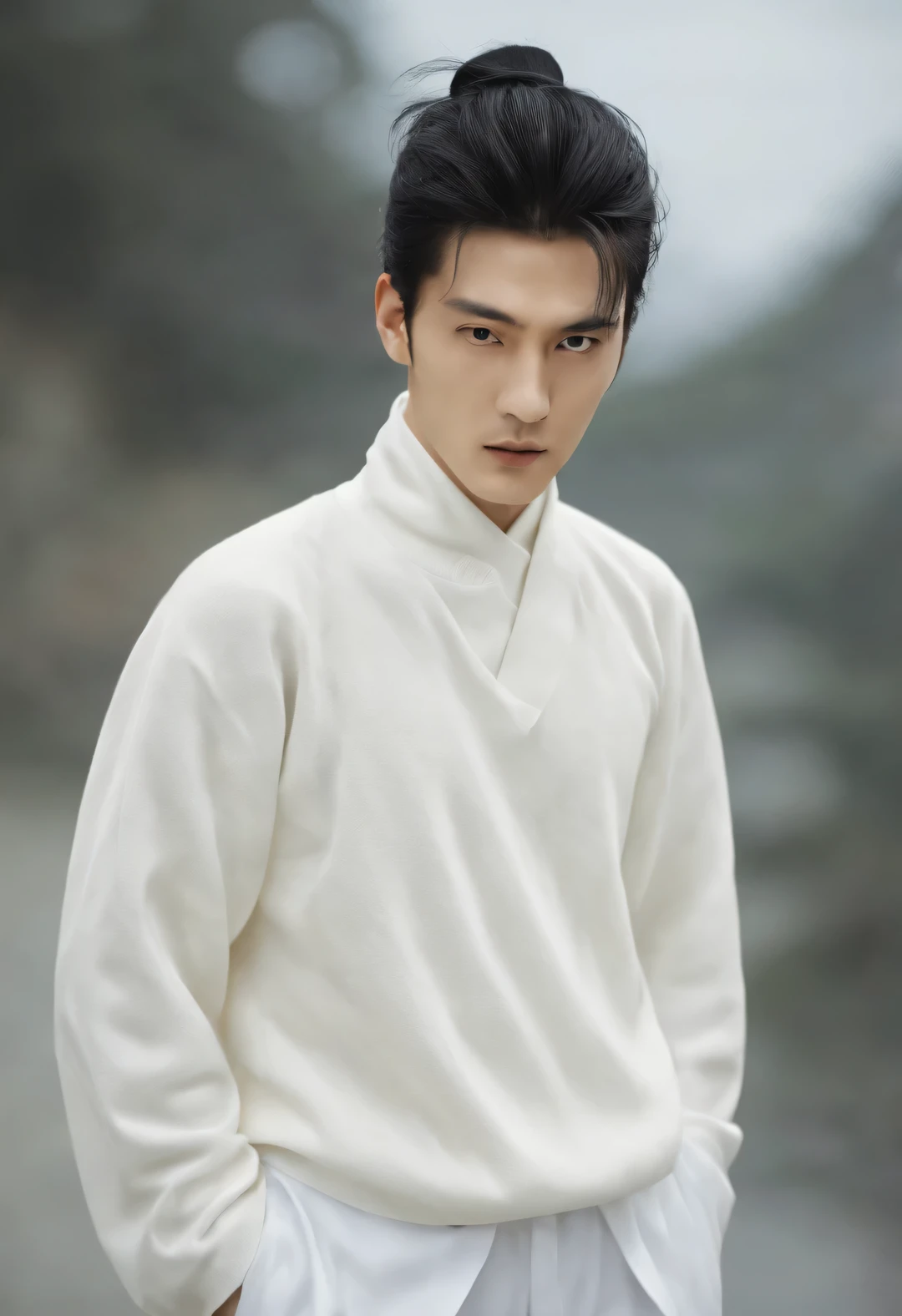 （male character design），（Half-length close-up），（Close-up of front view of melancholy handsome Chinese man Pan An），（Pan An wears a white sweater and white pants, which is modern and fashionable），（(male character design), Half body photo, Staring at the camera,
(Chinese handsome man Wei Jie) He has a handsome face, Has delicate facial features, Tall figure, Delicate and fair skin, eyebrows, and unparalleled appearance. His eyes were bright and vibrant, People can't help but fall in love with him. His hair is styled into a high bun, Make him very handsome.
HD, high quality, HD Analysis, 32k, Surrealism,，Kingly style，Noble temperament，Inspired by Chinese actor Hu Ge，black and white，Chinese ink painting，black and white插画，Surrealism，HD，