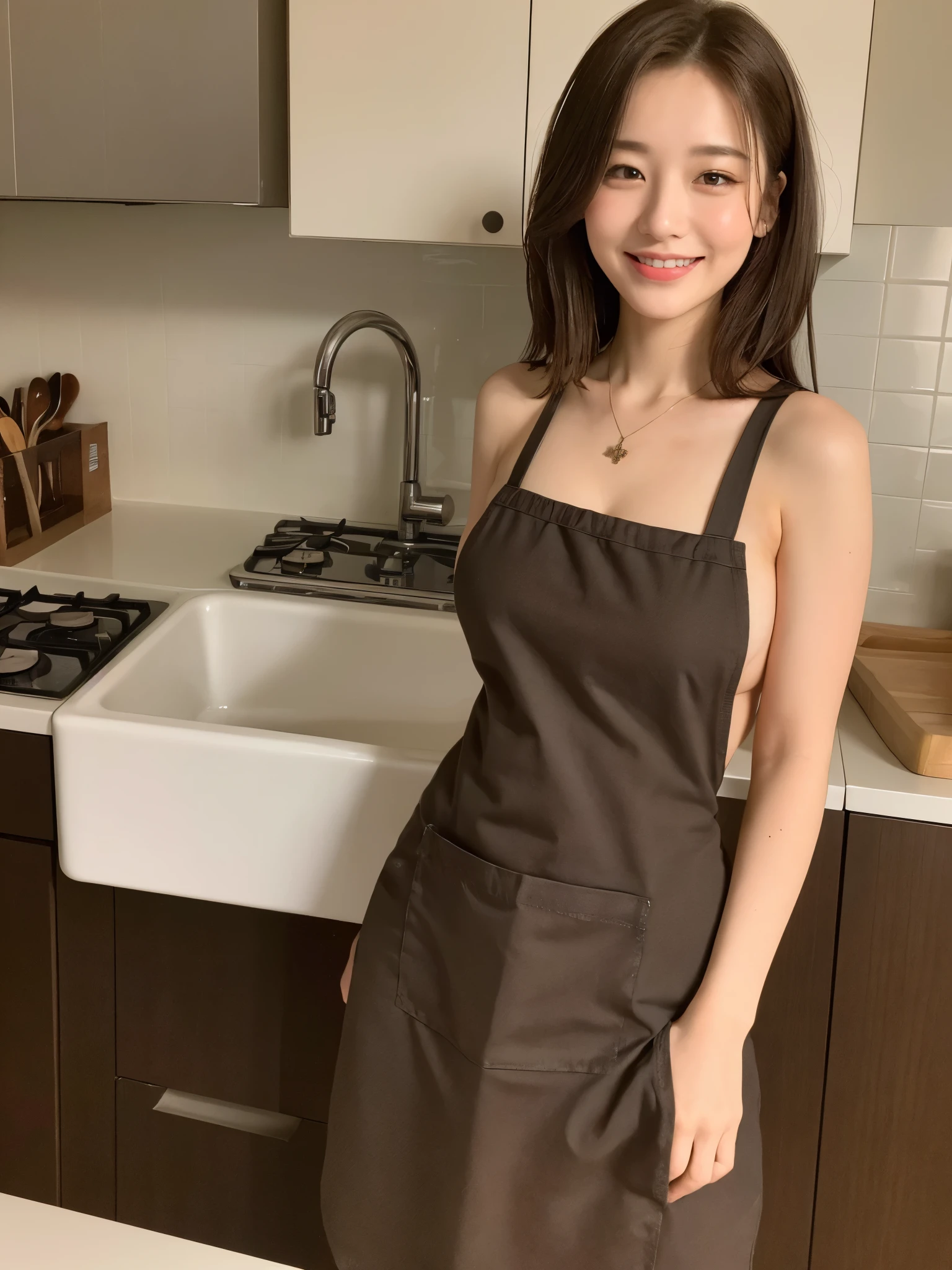 (Best quality, 8k, masterpiece: 1.3), a beautiful woman with perfect figure: 1.4, dark brown hair, wearing a pendant, wearing an apron, in the kitchen, highly detailed face and skin, detailed eyes, double eyelids, big breasts, smile