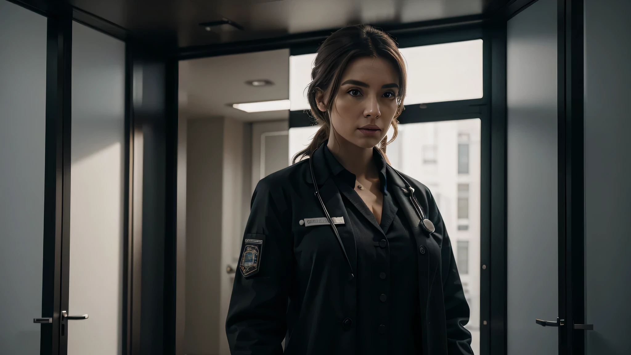 extremely high quality, ((realistic)), 8K, HDR, female doctor, black medical coat, (super detailed:1.3)