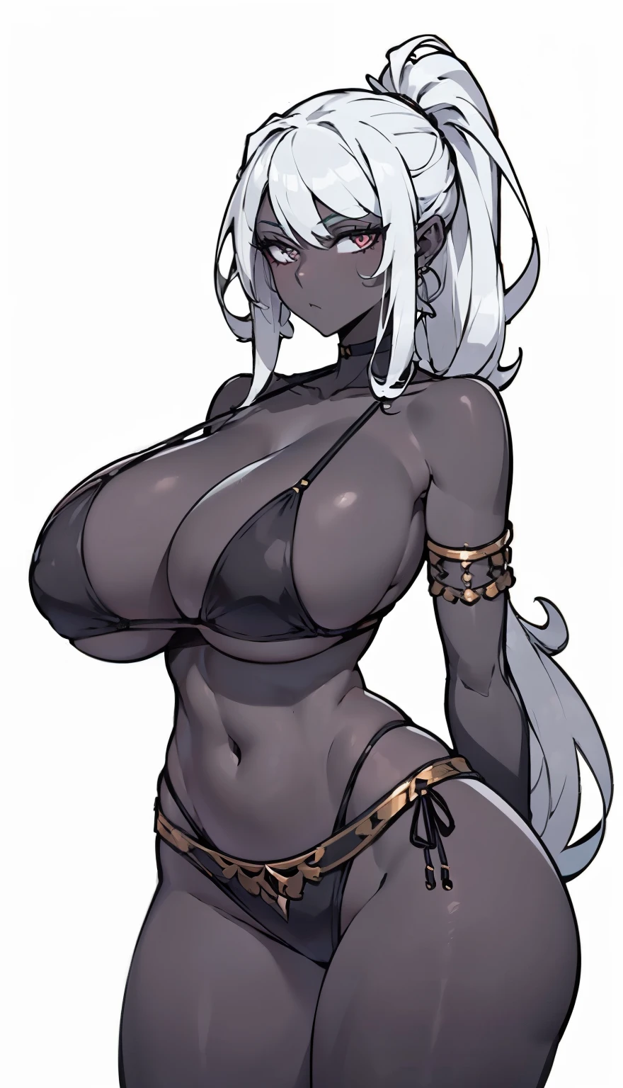 SFW, ((long ponytail, black skin Drow)) (bikini), (gigantic breasts, huge breasts, Big breast), firm breasts , tall girl, slim waist, curvy figure, arms behind back, white hair