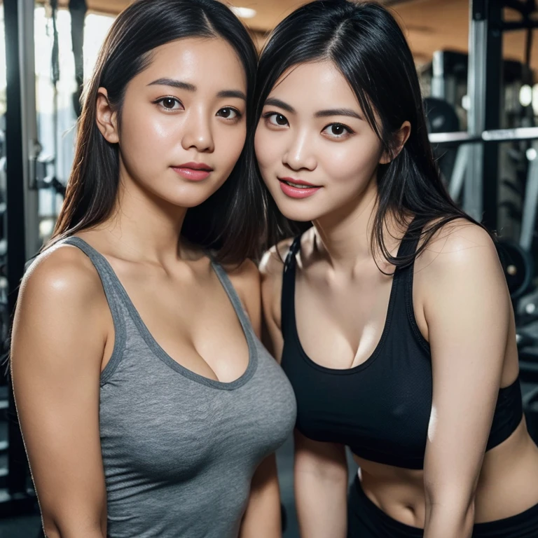 Highly detailed CG Unity 8k wallpapers., highest quality, Extremely detailed, table top, realistic, ถ่ายภาพrealistic, Cute girl with a lot of details, Age 42 years,Extra gigantic tits、cleavage , (Sweating) , Round eyes, ((Sweatingและบางเบา))、viewer, Blush, smile, Chapped lips, full body photography, tank top , sportswear, squat, sports gym、create through