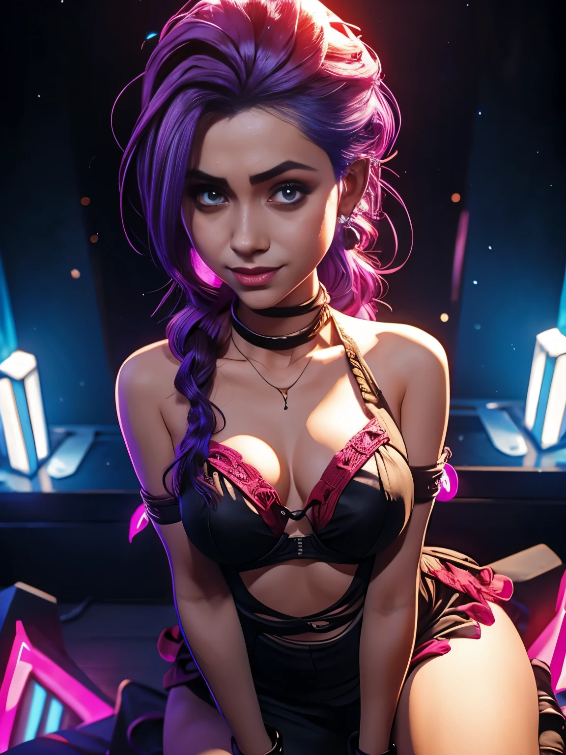 Nsfw, Jinx, league of legends, (master part, best quality;1.3), extremamente detalhado ,ultra detalhado, 1girl,sozinho, seios pequenos, sorriso maligno, ornamento de cabelo, Brincos, Olhando para o Viewer, mini saia, micro bra, olhos roxos, 4k resolution, ultra-realistic, altamente detalhado, corpo inteiro, dynamic perna aberta, pelos pubianos, hair pussy