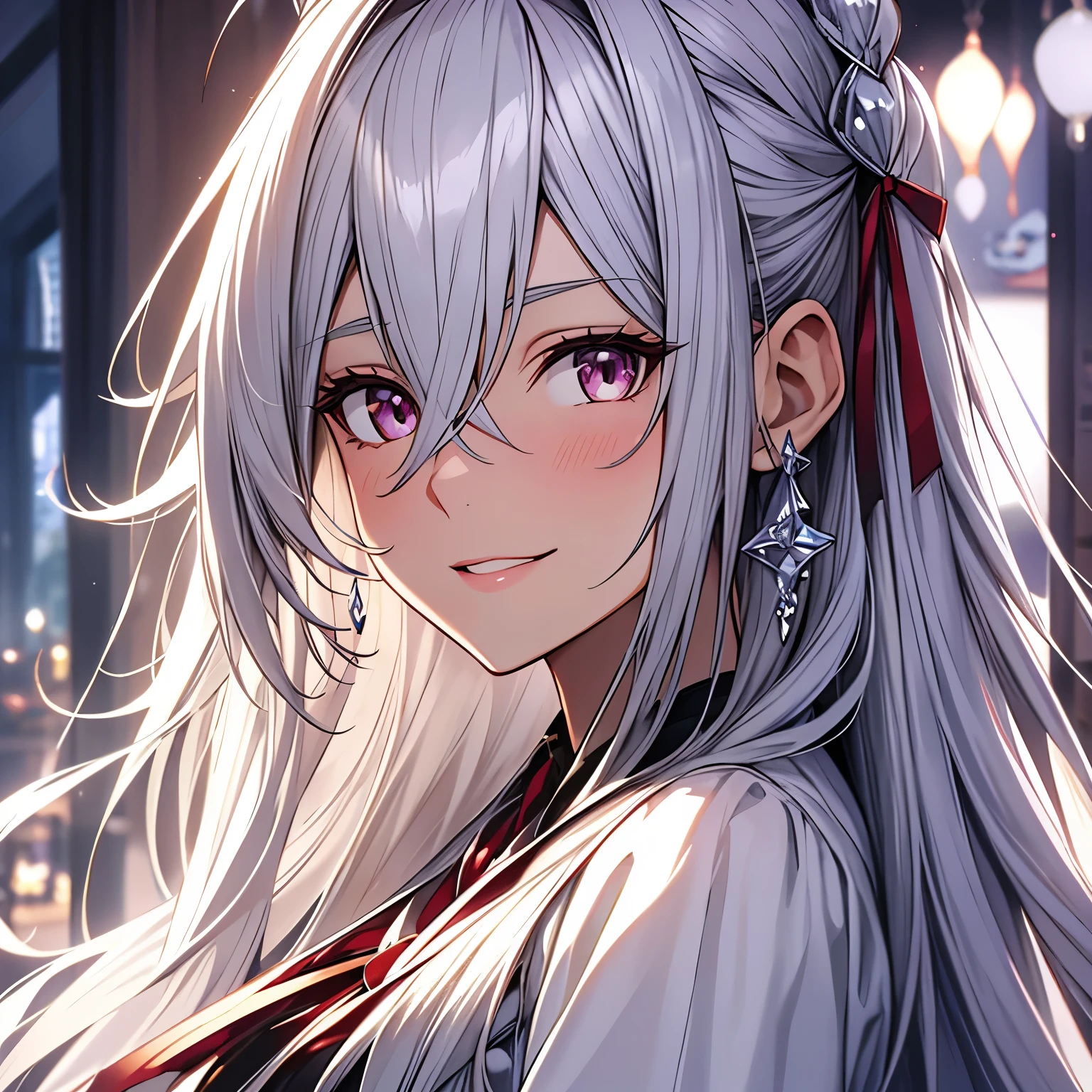 long hair, (crystal earrings:0.7), (blush, smile:0.8), silver hair, (hair strand:0.9), (ribbon:1.2), (parted lips:0.9), (ultra-detailed, highres:1.0), silver hair, tachi-e, anime style
