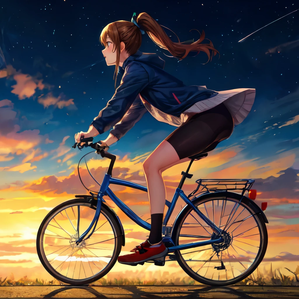 masterpiece，highest quality，The guy with the ponytail is riding a bike，Black bike