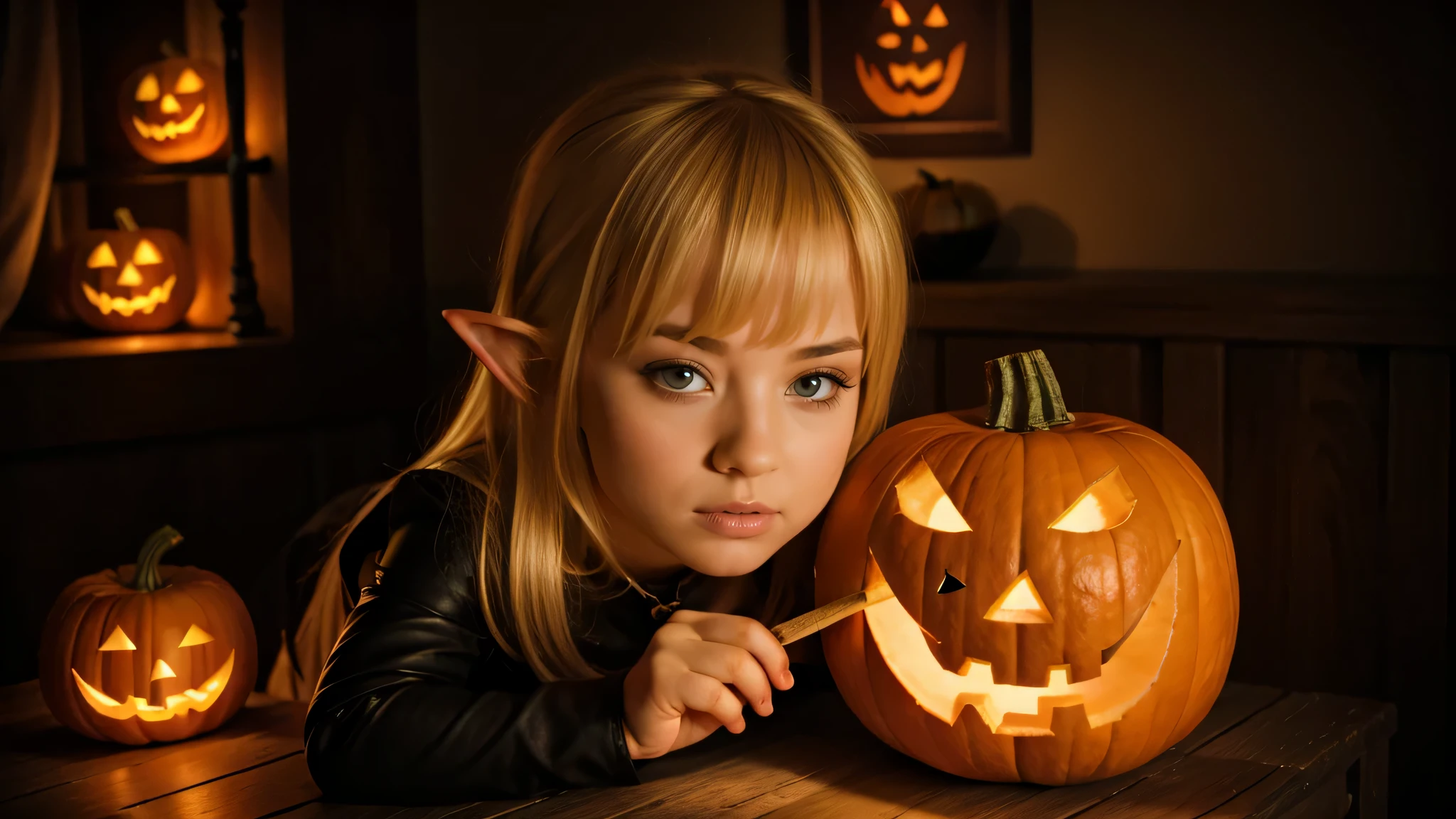 Cute portrait of a blonde elf child holding a jack-o&#39;-lanterna