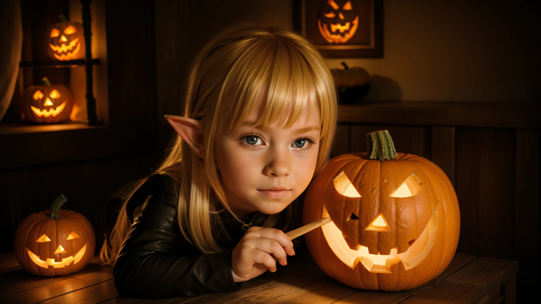 Cute portrait of blonde elf child holding a jack-o'-lantern