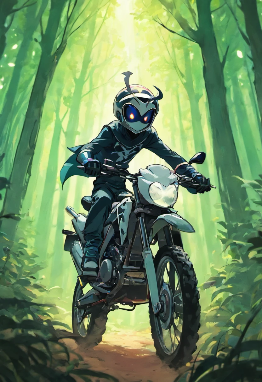 Hollow Knight,male,riding motocross,forest