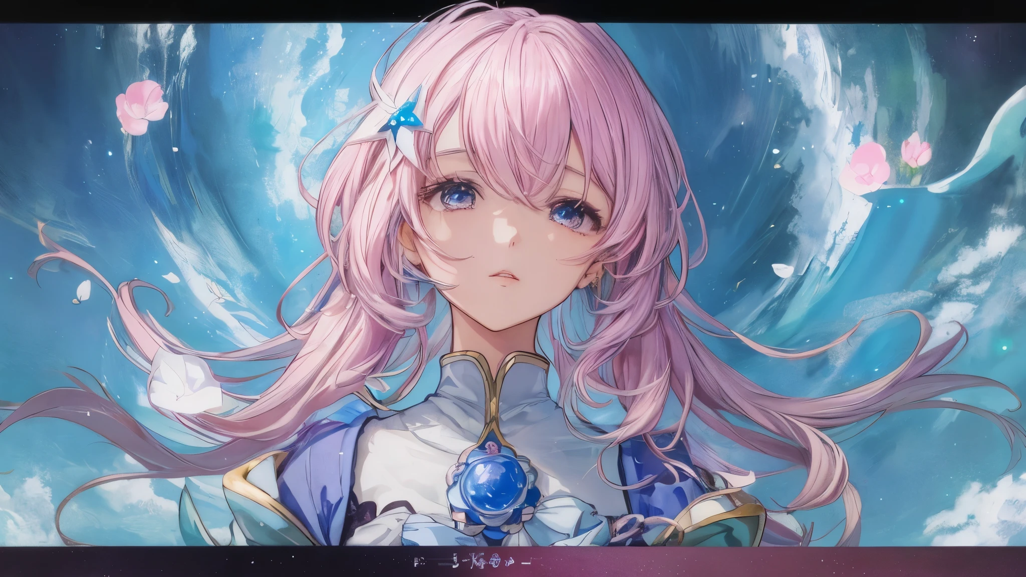 Chica anime con cabello rosado y ojos azules con un vestido azul., retrato, caballeros del zodiaco, girl, detailed arte animado digital, hermoso retrato animado, anime girl with cosmic hair, Cabello rosado y ojos cian., estilo anime 4k, arte animado digital, anime fantasy illustrations, anime fantasy illustration., retrato chica anime, anime in fantasy style, arte detallado del personaje de anime