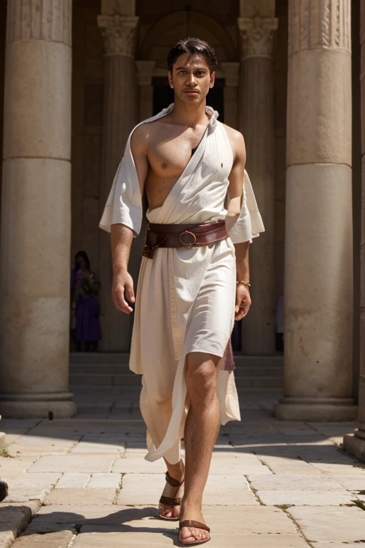Full-length man in ancient Roman senator costume of a white toga with a purple stripe around the edge, tunic underneath the toga, leather belt that fits over the tunic, leather sandals, 8k, realistic photograph.
