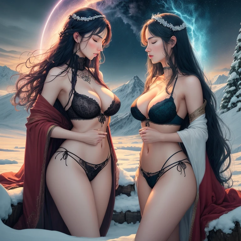 Masterpiece,bestquality,flat colour,night, 2girl,lingerie multi colored,ONLY panties,sexy,perfect boobs,no cloth BREAK,perfect face,perfect body,full body,closed eyes,COLORED HAIR,LONG HAIR,Curly hair,BREAK,looking each other,face to face,talking,look focus,BREAK,magic circle on the ground, with thunder,thunder arround them BREAK,they are on the top of a mountaine pic,snow,there is a tempest in the background