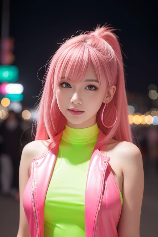 female idol、full body Esbian、smiling face、lipgloss、very large necklace (neon pink and neon yellow)、very large earrings (neon pink and neon yellow)、sheer latex tight mini dress(neon pink and neon yellow)、Colorful hair (neon pink and neon yellow)、conceptual art, High quality, Realistic, extremely detailed CG unified 8k wallpaper, highly detailed, High-definition raw color photos, professional photography, Realistic portrait, Cinematic Light, Beautiful detailed, Super Detail, high details, (((Bokeh))), depth of fields, illumination, Neon Street, Super stylish lighting、