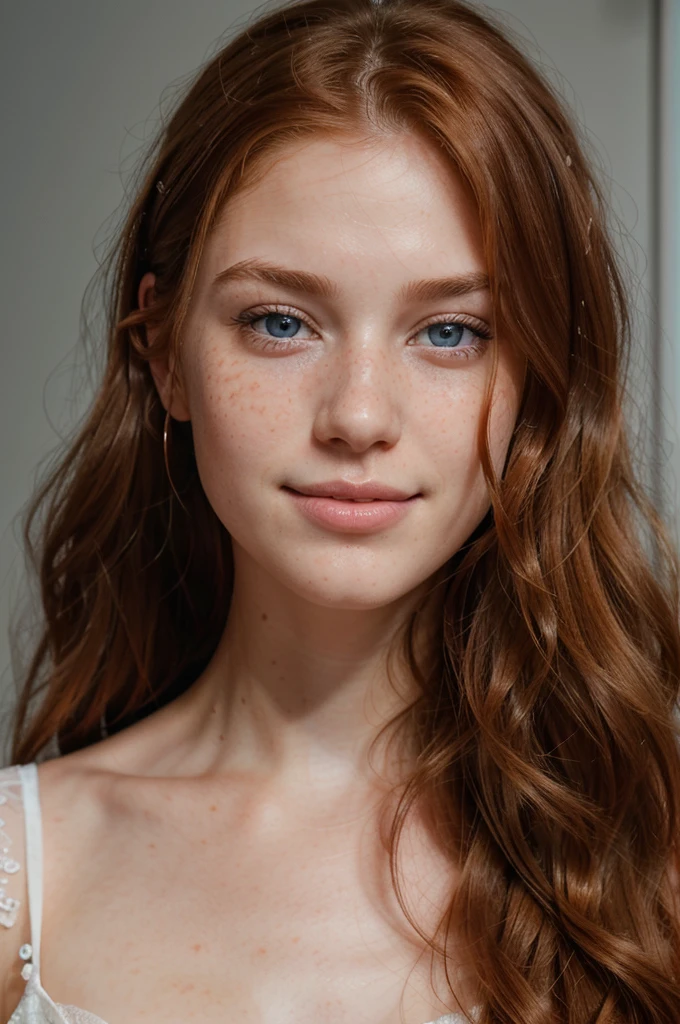 Face Girl redhead wavy hair, yeux verts, freckles, light background