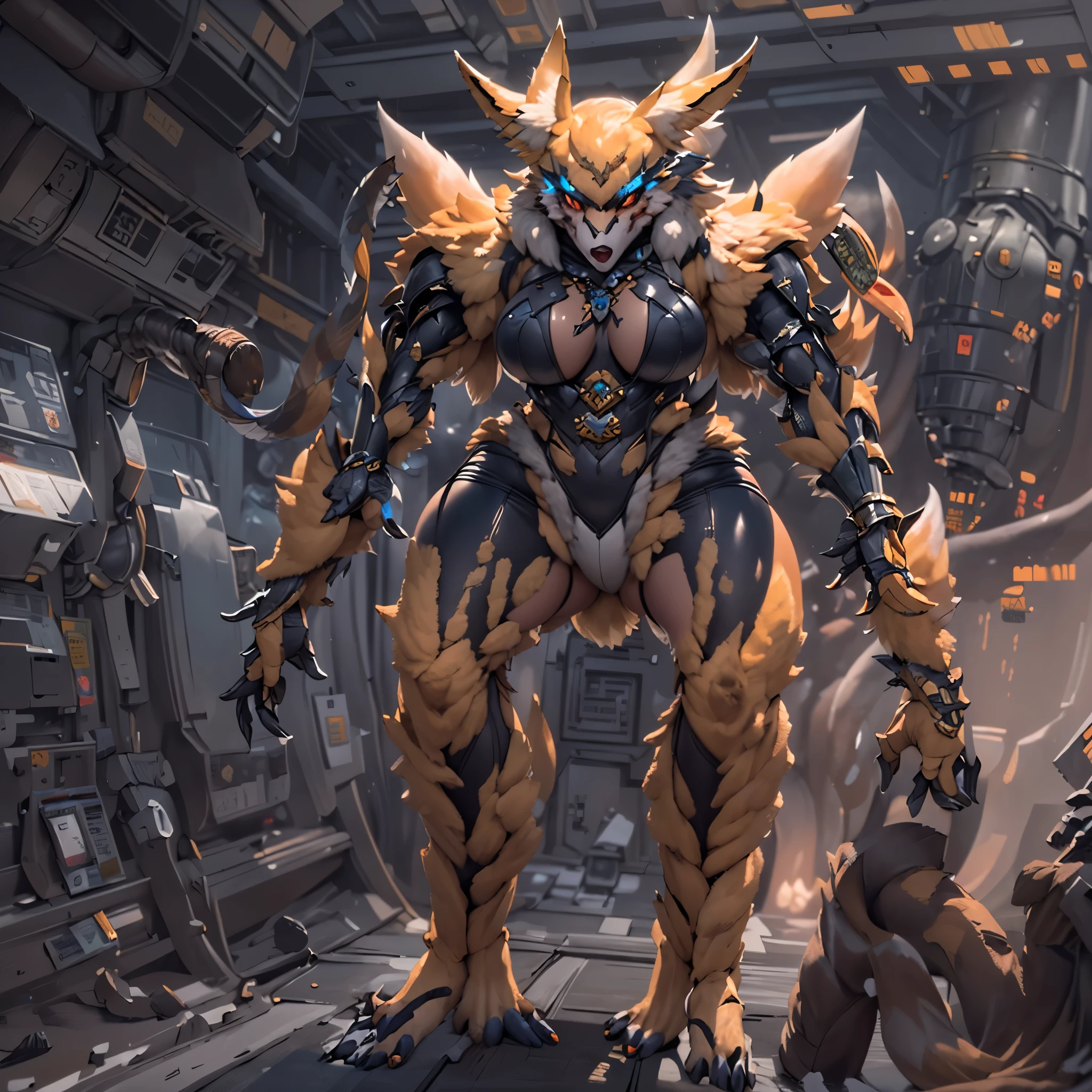 4K，genuine，genuineistic，Near future，NSFW，Renamon and the giant battle mecha，The pilot is inside a giant battle mecha.，Pilot details(full body concept art，Pilot is Renamon，height: 160cm，The pilot is in front of a giant battle mech..，Pilot is Renamonタイプの全身スーツを着用.，face:Renamon type full face helmet，tentacle cockpitに跨がる，attached to tentacles，with tentacles，Renamon type full body suit is sticky and sticky with mucus..，A fluffy fox tail is growing，evil depravity，genocide)，Details of the giant battle mecha(full body concept art，humanoid，Looks like a fusion of Renamon and a dragon，symbiote，evil depravity，height 40 meters，Has a fluffy tail.，fox ears，standing behind the pilot)，tentacle cockpit，Inside the cockpit(The cockpit is covered with tentacles，There&#39;s a pilot，sitting in a tentacle-shaped cockpit)