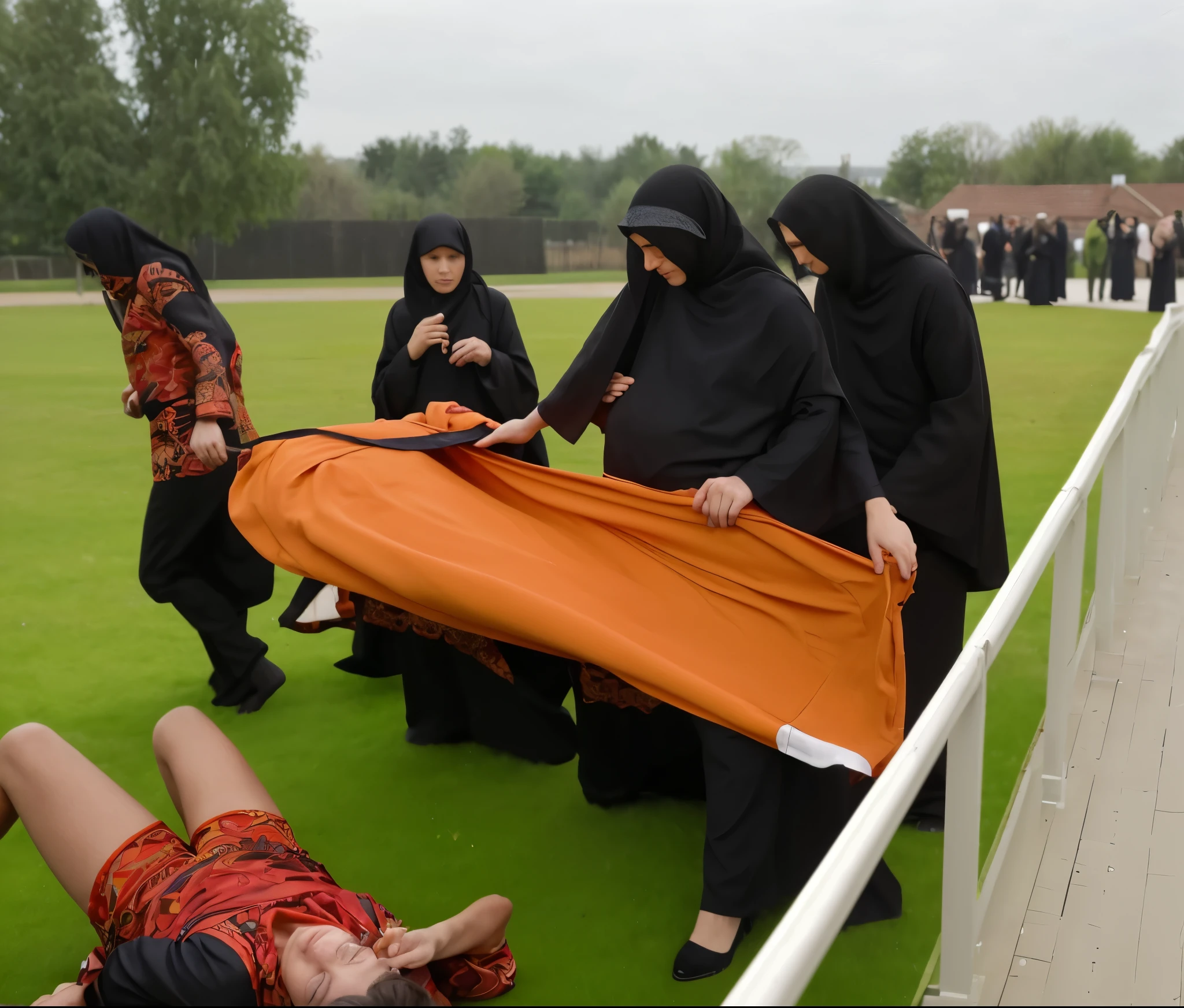 Several women in black and shiny abayas stand around a man, der am Boden liegt, Echtes Foto, Realistische Szene, Kraftvolles Foto, Sportverletzung, Erste Hilfe, Tragbahre, Echt realistisches Bild, gettyimages, arabische ringerfrau, verletzt, Epische Szene, sehr leistungsstark, Nice picture, Virales Foto, 3274589695, Foto-Shot, Intensiver Moment