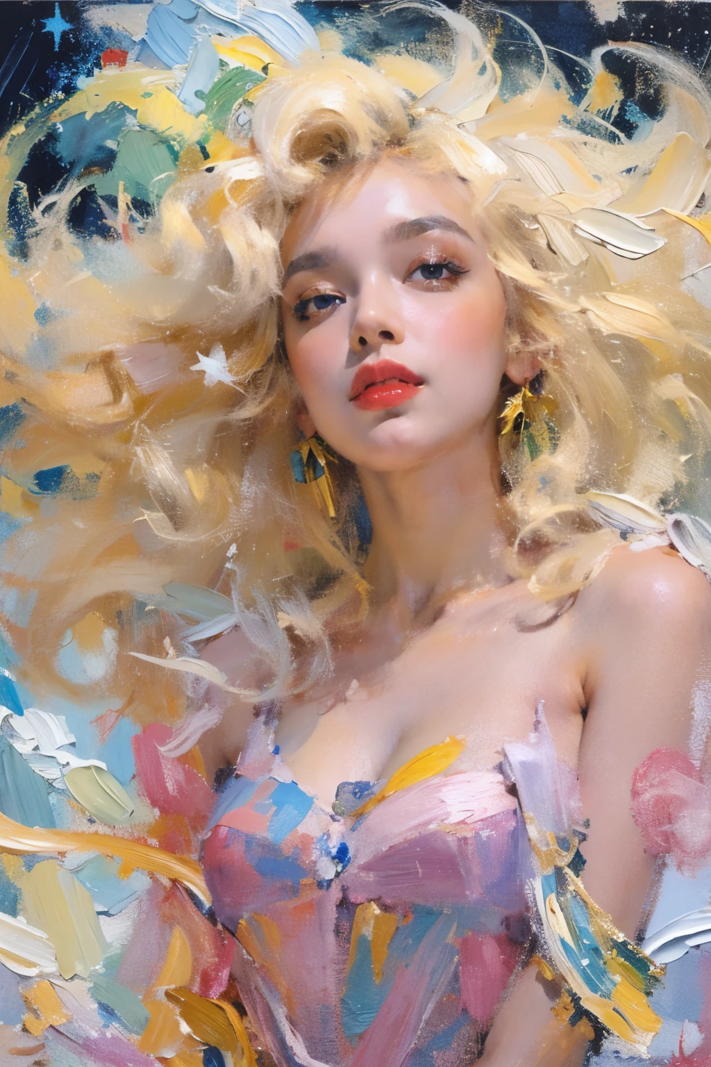 (oil painting:1.5), (NSFW:1.2), a woman joyfully twirling in the raining paint, paint raining, thick paint rainbow hair, body covered with paint, joyful, ((sfw)), calm facial expression, relaxed, gentle smile, (clothes made of liquid paint)), front view, (a girl with sailor moon style),illustration, vibrant colors, magical atmosphere,sparkling eyes,long blonde hair,anime art,smiling expression,cute pose,cosmic background,moonlit night,fantasy world,sparkling stars,stylish outfit,tiara,moon scepter,heart-shaped brooch,wavy hair,flowing ribbons,powerful magical aura,moonlight shining on her,shimmering details,glowing transformation sequence,peaceful and confident,sailor guardian of love and justice,inspired by the iconic anime series. Create an illustration using the soft and ethereal qualities of watercolor. Beautiful pink skin anime model full body, sun-bathing on floating cloud along the suns surface, enticing eyes, curly hair dreamy, background thick clouds,, hyperdetailed, detailed, (masterpiece) . high fashion, luxurious, extravagant, stylish, , opulent, elegance, stunning beauty, professional, high contrast, detailed, Depict a dreamy, whimsical scene with elements that seem to merge with the background