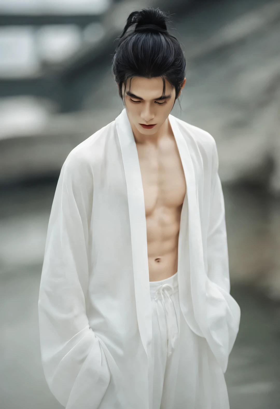 （male character design），（whole body），（Melancholy handsome Chinese guy Pan An is cooking），（Pan An wears modern fashionable white suit pants），（Pan An’s skin is fair and flawless），The bridge of his nose is high and straight，（Very long, long, long, Messy shawl hair：1.1），（Double eyelids, bright eyes, clear and bright big eyes），sad prince，Delicious food with red lips and white teeth，gentle melancholy，Pan An is tall and tall.，He has a strong physique，Toned muscles，Fresh and toned abs, His exquisite facial features，Kingly style，Noble temperament，Inspired by Chinese actor Hu Ge，black and white，Chinese ink painting，black and white插画，Surrealism，HD，