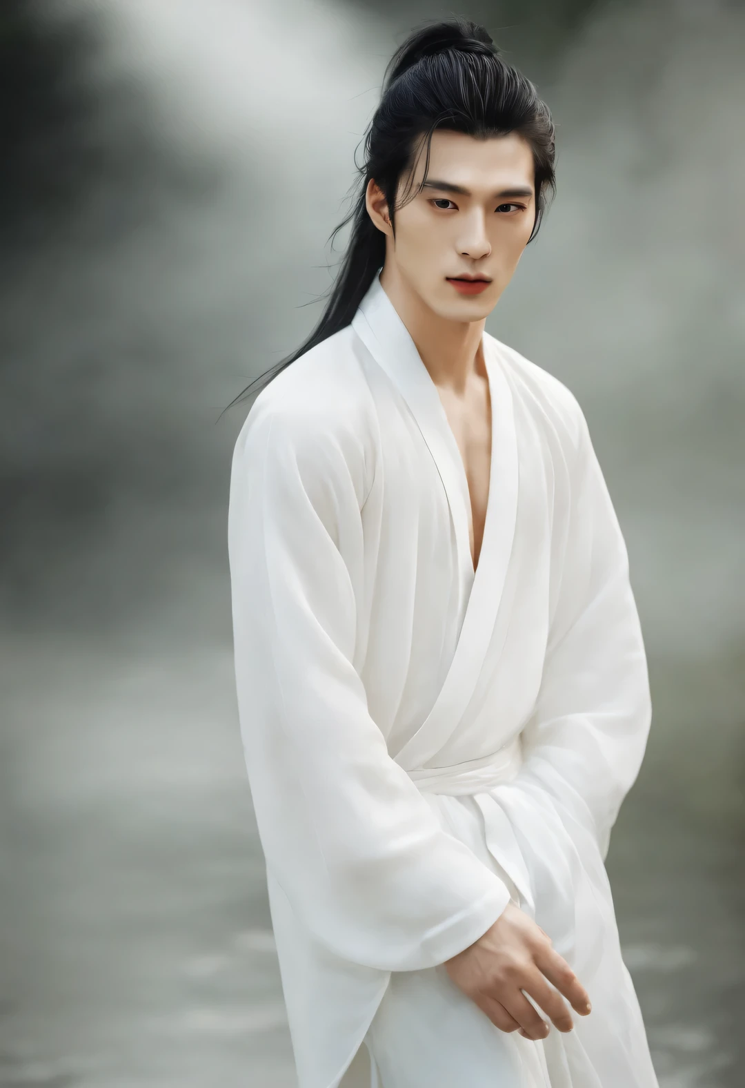 （male character design），（whole body），（Melancholy handsome Chinese guy Pan An is cooking），（Pan An wears modern fashionable white suit pants），（Pan An’s skin is fair and flawless），The bridge of his nose is high and straight，（Very long, long, long, Messy shawl hair：1.1），（Double eyelids, bright eyes, clear and bright big eyes），sad prince，Delicious food with red lips and white teeth，gentle melancholy，Pan An is tall and tall.，He has a strong physique，Toned muscles，Fresh and toned abs, His exquisite facial features，Kingly style，Noble temperament，Inspired by Chinese actor Hu Ge，black and white，Chinese ink painting，black and white插画，Surrealism，HD，