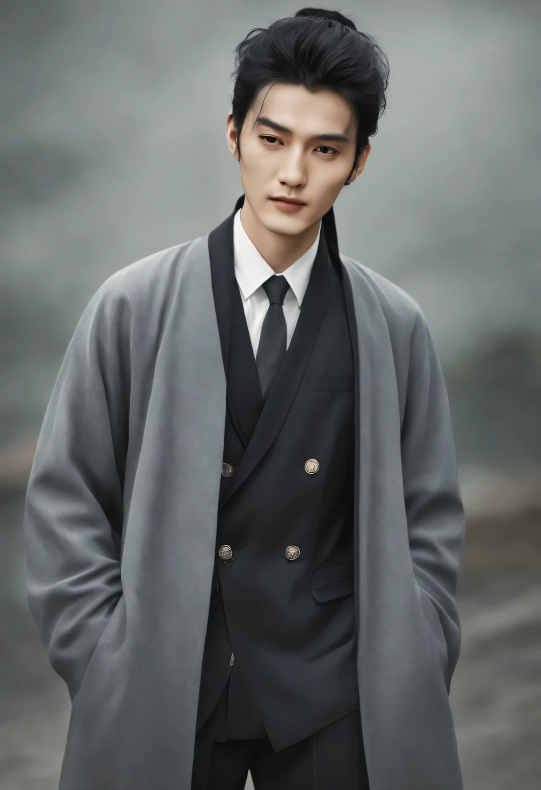 （male character design），（Half-length close-up），（Close up of sad handsome Chinese man Pan An smiling），（Pan An is modern and fashionable in a gray woolen coat：0.8），（(male character design), Half body photo, Staring at the camera, (Chinese handsome man Wei Jie) He has a handsome face, Has delicate facial features, Tall figure, Delicate and fair skin, eyebrows, and unparalleled appearance. His eyes were bright and vibrant, People can't help but fall in love with him. His hair is styled into a high bun, Make him very handsome. HD, high quality, HD Analysis, 32k, Surrealism,，Kingly style，Noble temperament，Inspired by Chinese actor Hu Ge，black and white，Chinese ink painting，black and white插画，Surrealism，HD，