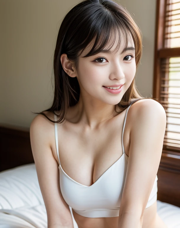 Beautiful,K-pop idol,japanese idol,Japanese actress,high resolution,Beautiful skin,8k,RAW photo,best quality,masterpiece,realistic,photo-realistic,clear,professional lighting,beautiful face,best quality,ultra high res, Beautiful eyes,sexy,beautiful lips,A beautiful c Leach,White teeth,beautiful row of teeth,smile,Morning light,A beautiful c Leach,bed