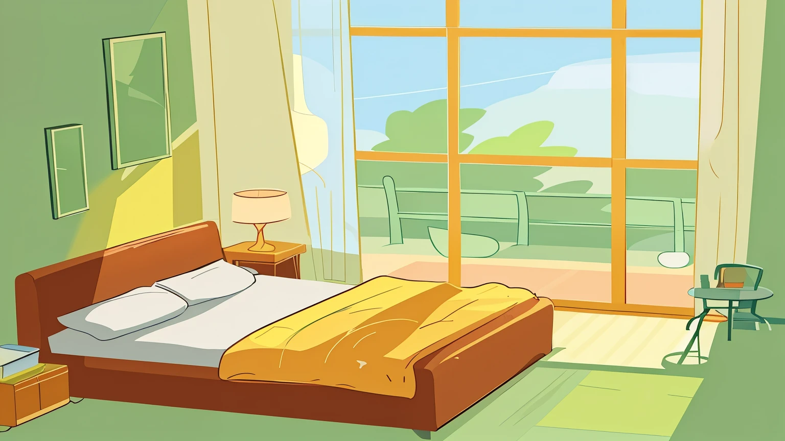 Bedroom filled with sunshine in the morning,happy and warm feeling,There are greenery outside the window,comic style,The plants outside the window should be painted more delicately so that you can see the leaves, leaves and trunks.,Interior walls changed to white