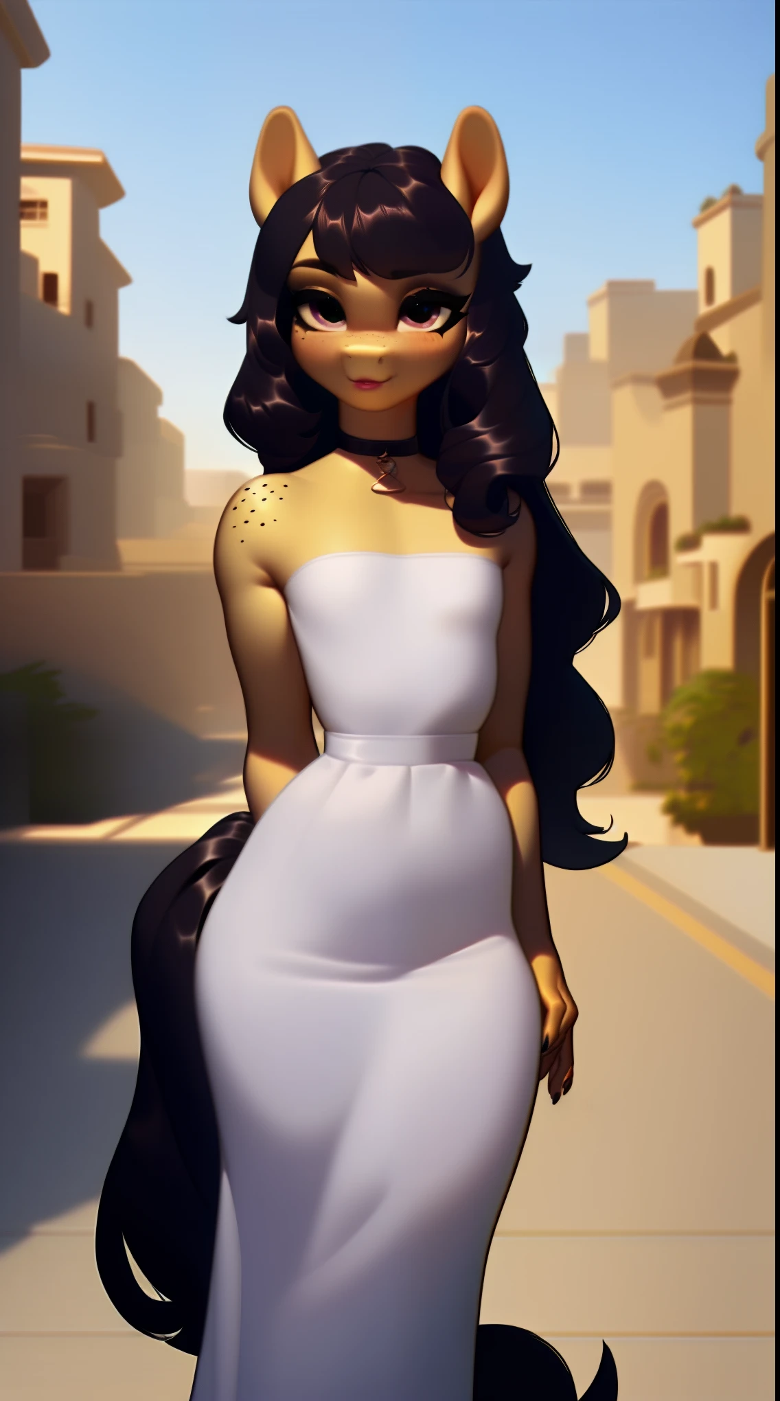 (score_9), (source_ derpibooru_p_95), (earth pony), ((anthro oc pony:1.1)), (Bouffant Dress With Choker), shy, blushing, solo, bangs, realistic long hair, anatomically correct, flat chest, curvy figure, high res, pink bottom lip, extremely detailed, young, adorable, filly, absolutely stunning, freckles, 